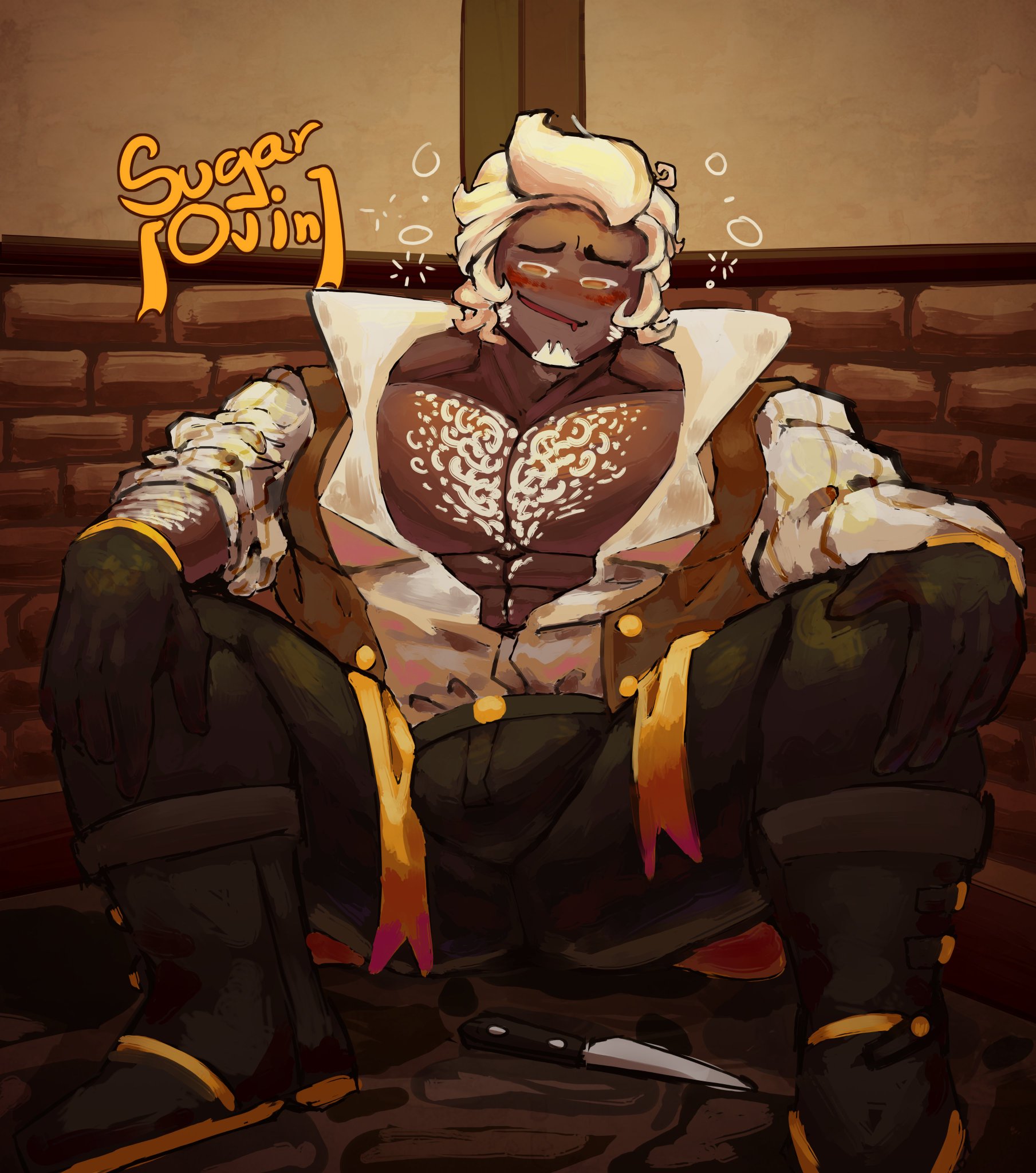 bara, bulge, chest hair, chest window, cookie run, cookie run kingdom, drunk, gloves, knife, male, male only, muscles, muscular, muscular chest, muscular male, royal margarine cookie, sugarovin, yaoi