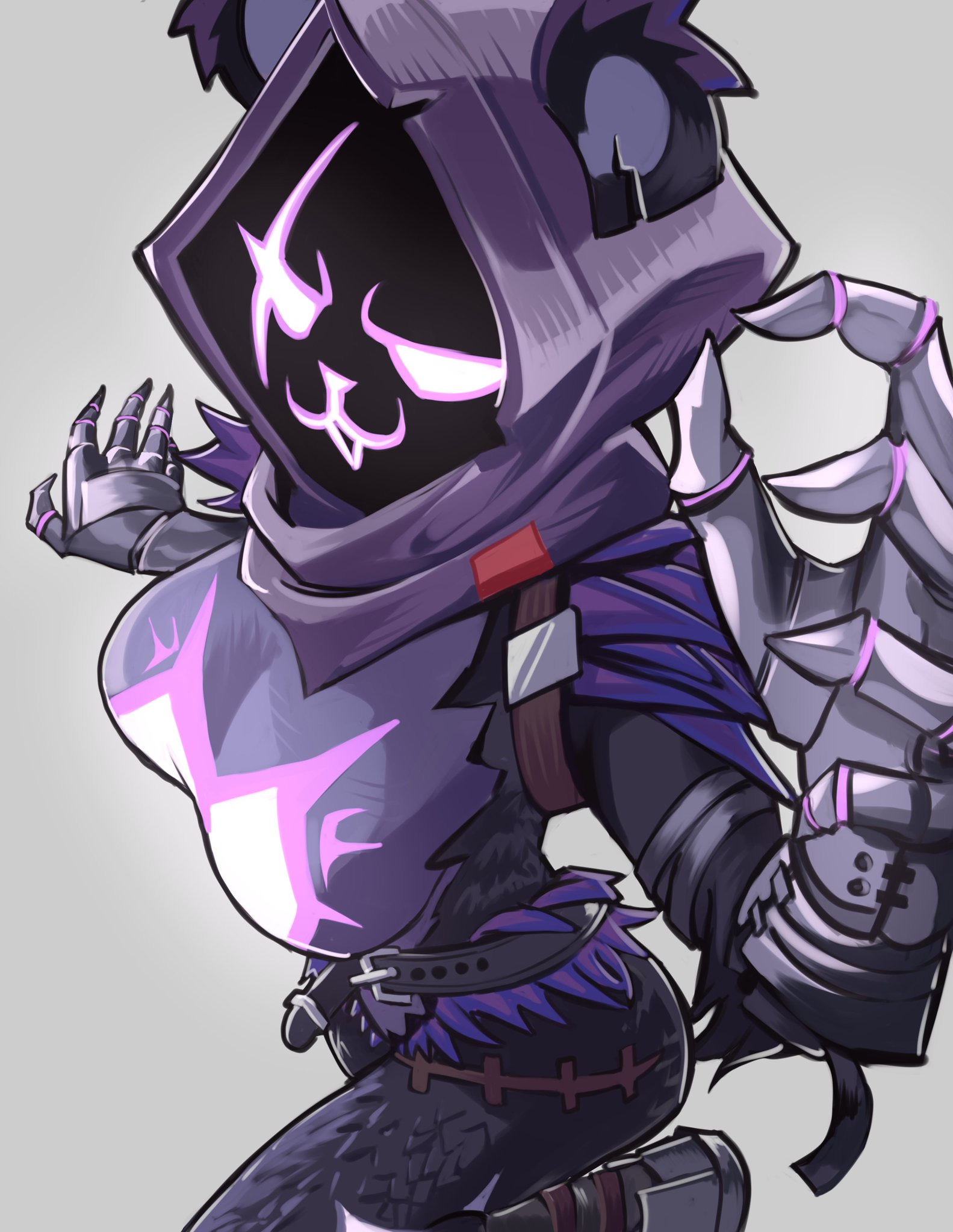 1girls, armband, armwear, bear ears, belt, big breasts, breasts, cloak, female, female focus, female only, fortnite, gauntlets, grey background, hand up, hood, hood up, looking at viewer, moxydrawsmore, purple body, purple eyes, purple fur, raven team leader, scar, scar across eye, shaded face, simple background, solo, solo female, solo focus, thick thighs, thighs, wide hips