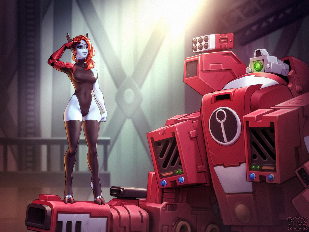 1girls blue_skin breasts female female_only fully_clothed hooves leotard mech_suit mecha red_eyes red_hair revealing_clothes salute saluting smiling solo solo_female sunlight tau thigh_highs thighhighs tight_clothing warhammer_(franchise) warhammer_40k zliva