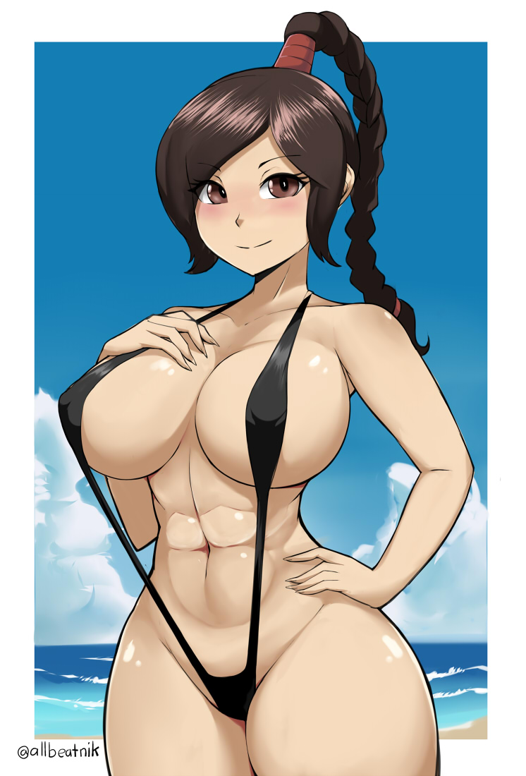 1girls abs allbeatnik athletic_female avatar_legends avatar_the_last_airbender big_breasts black_sling_bikini blush breasts brown_eyes brown_hair cleavage female female_only fire_nation fit_female hand_on_breast hand_on_hip hips hourglass_figure huge_breasts human large_breasts light-skinned_female micro_bikini muscular_female nonbender ponytail skimpy skimpy_bikini slim_waist sling_bikini smile solo solo_female swimwear thick_thighs thighs ty_lee