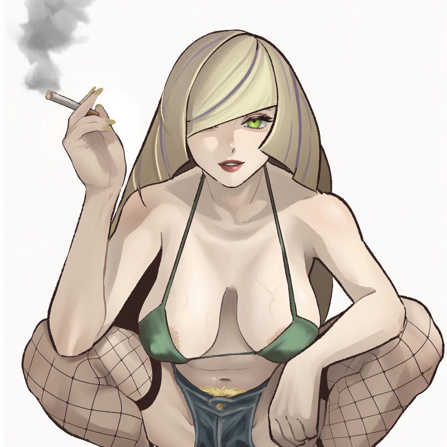 ai assisted, ai generated, areola slip, areolae, bikini top, cigarette, fishnets, jean shorts, kokenaart, lipstick, lusamine (pokemon), pokemon, pokemon sm, pubic hair, sagging breasts, smoking