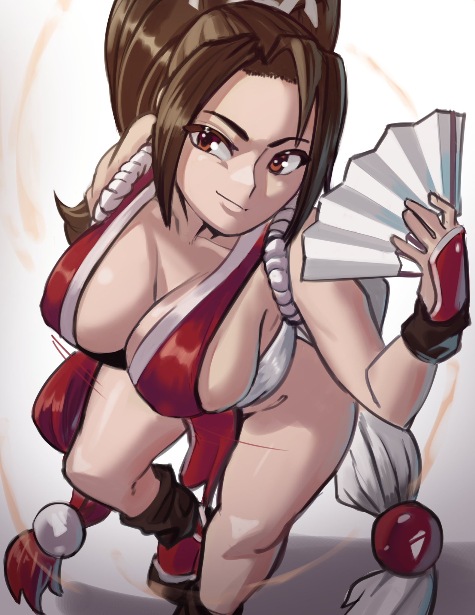 1girls, big breasts, breasts, brown hair, cleavage, fan, fatal fury, female, female focus, female only, human, king of fighters, large breasts, looking at viewer, mai shiranui, moxydrawsmore, ponytail, solo, solo female, solo focus, thick thighs, thighs, wide hips