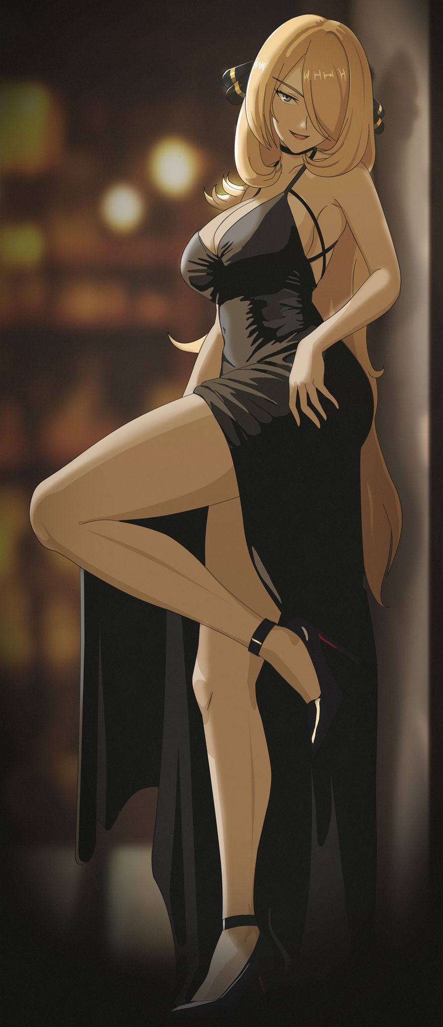 against_wall black_dress cynthia_(pokemon) high_heels pokemon vivivoovoo