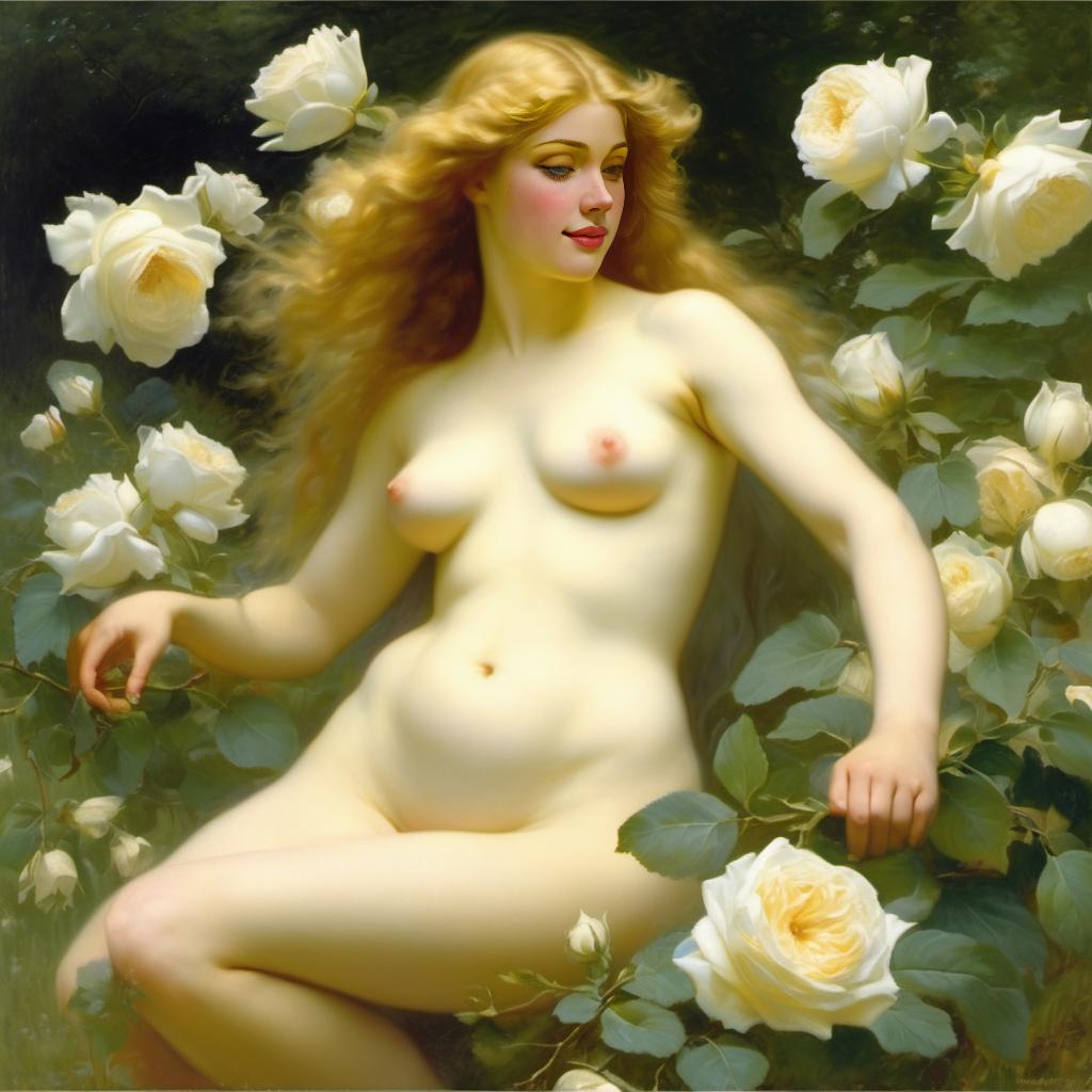 ai_generated belly blonde_hair blue_eyes breasts convenient_censoring curly_hair curvy female flower flowers lips long_hair medium_breasts navel nipples nude presenting realistic rose_(flower) smile solo white_rose wide_hips william_bouguereau