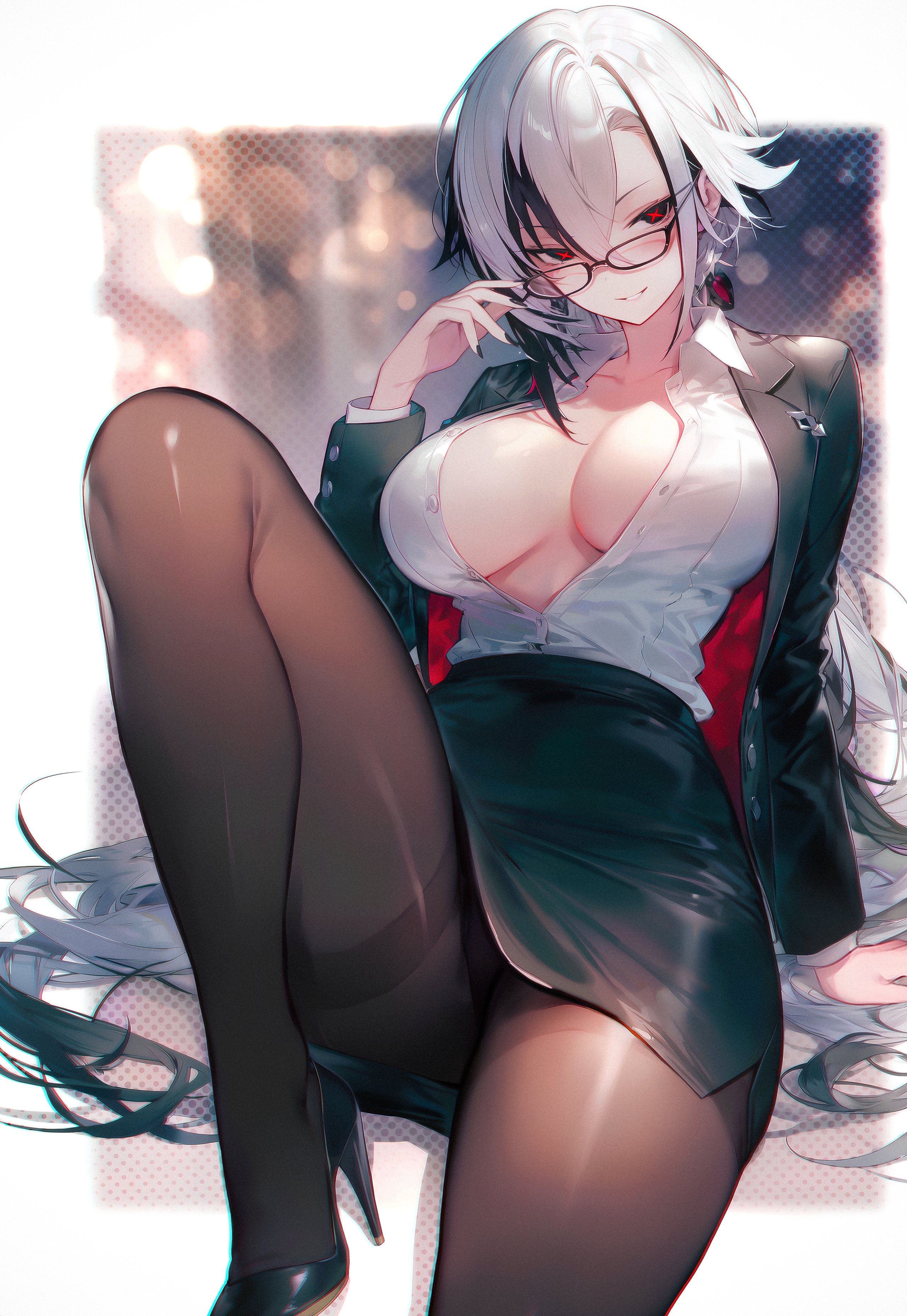 1girls, ai generated, arlecchino (genshin impact), breasts, diffirresponsibly, female, female only, genshin impact, glasses, high heels, high resolution, hoyoverse, large breasts, looking at viewer, office clothing, office lady, pantyhose, skirt, solo, very long hair