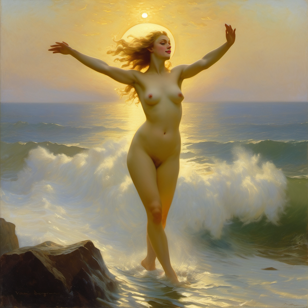 ai_generated belly blonde_hair blue_eyes breasts curly_hair curvy halo horizon lips long_hair naked_female navel nipples nude ocean presenting pubic_hair realistic seaside shore sky small_breasts smile solo sun sunrise water waves william_bouguereau