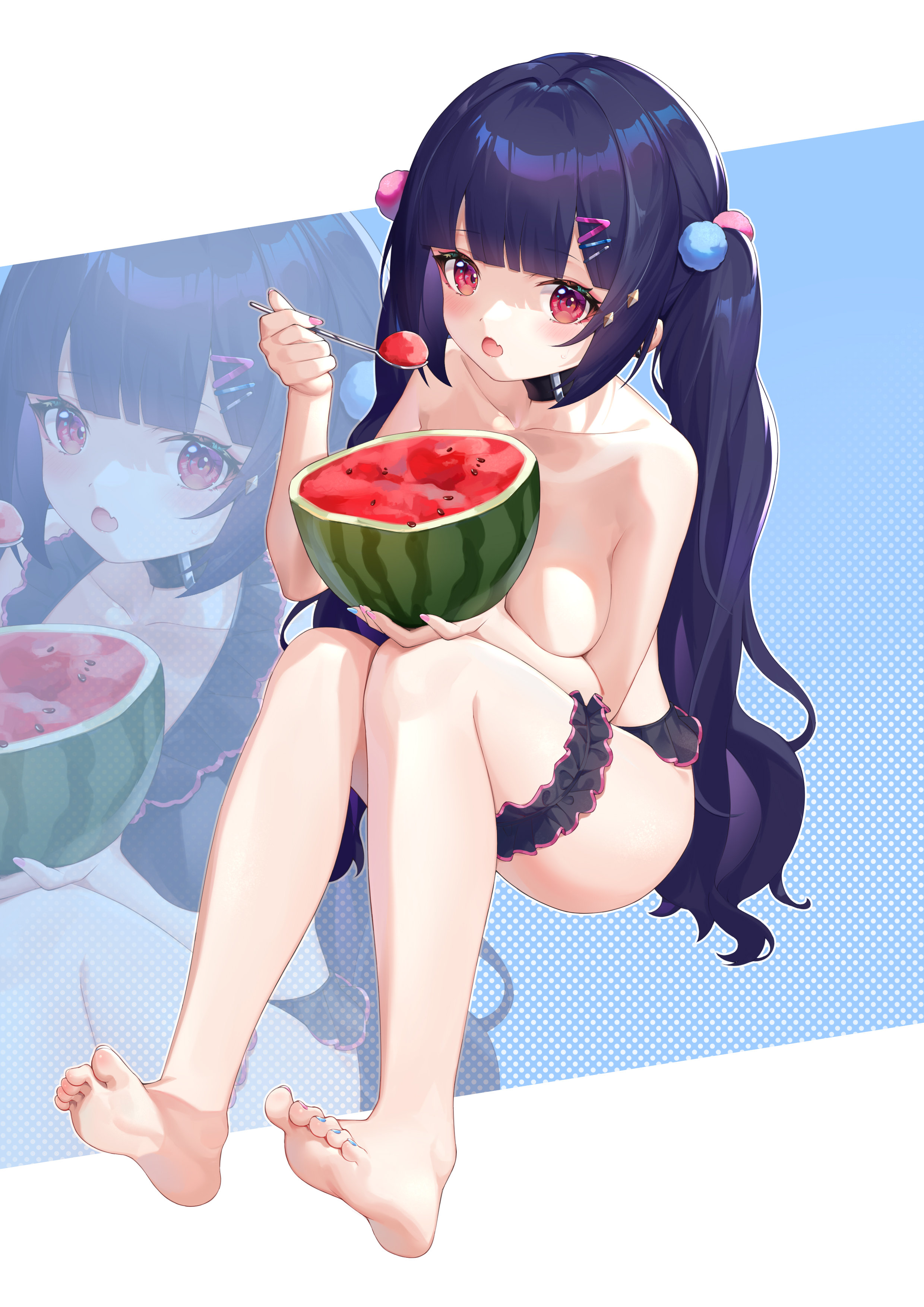 1girls, aged down, alternate body type, alternate costume, alternate hairstyle, bikini, bikini bottom, blue toenails, blush, breasts, choker, close-up, cute, eating, eating food, eating fruit, eating watermelon, feet, female, female only, food, frilled bikini, fruit, genshin impact, hairclip, holding, holding food, holding fruit, holding object, holding spoon, holding watermelon, knees up, large breasts, nail polish, open mouth, painted nails, painted toenails, pink nails, sitting, soles, spoon, swimsuit, toenail polish, toes, topless, twintails, watermelon, watermelon slice, yun jin (genshin impact)