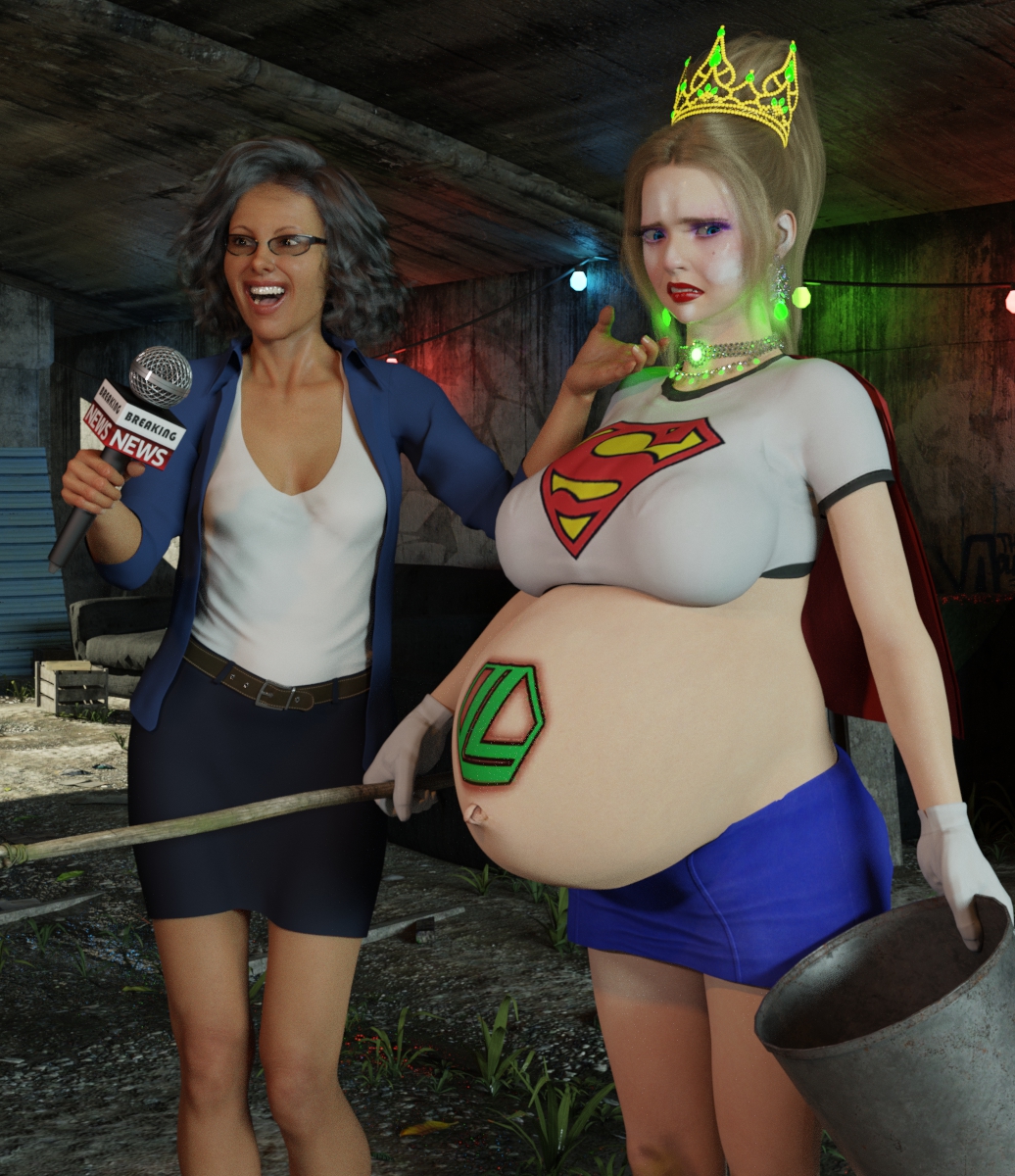 2girls 3d bad_end belly big_belly big_breasts blonde_hair body_writing breasts collar dc dc_comics female femsub humiliation meatcousins pregnant supergirl tattoo