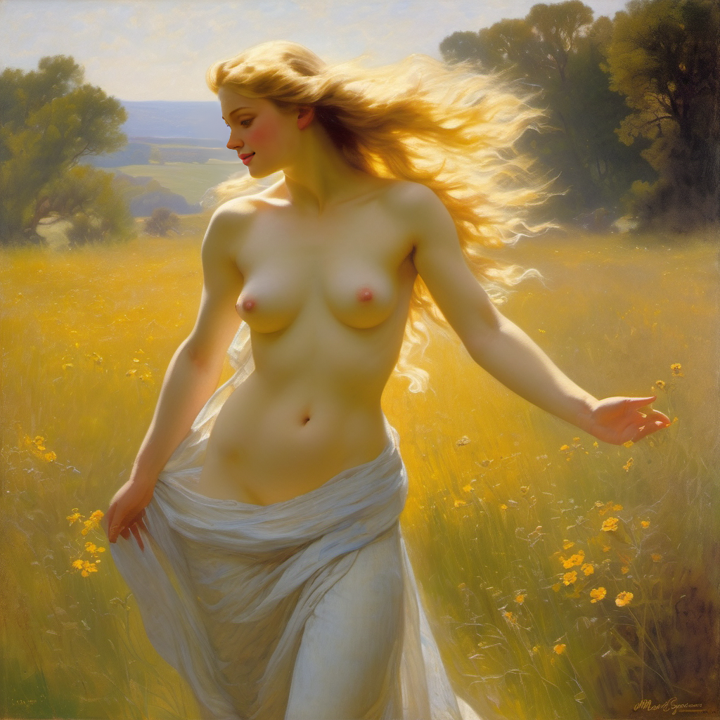 ai_generated belly blonde_hair blue_eyes breasts curly_hair curvy field flower flower_field lips long_hair navel nipples presenting realistic small_breasts smile solo sun topless william_bouguereau