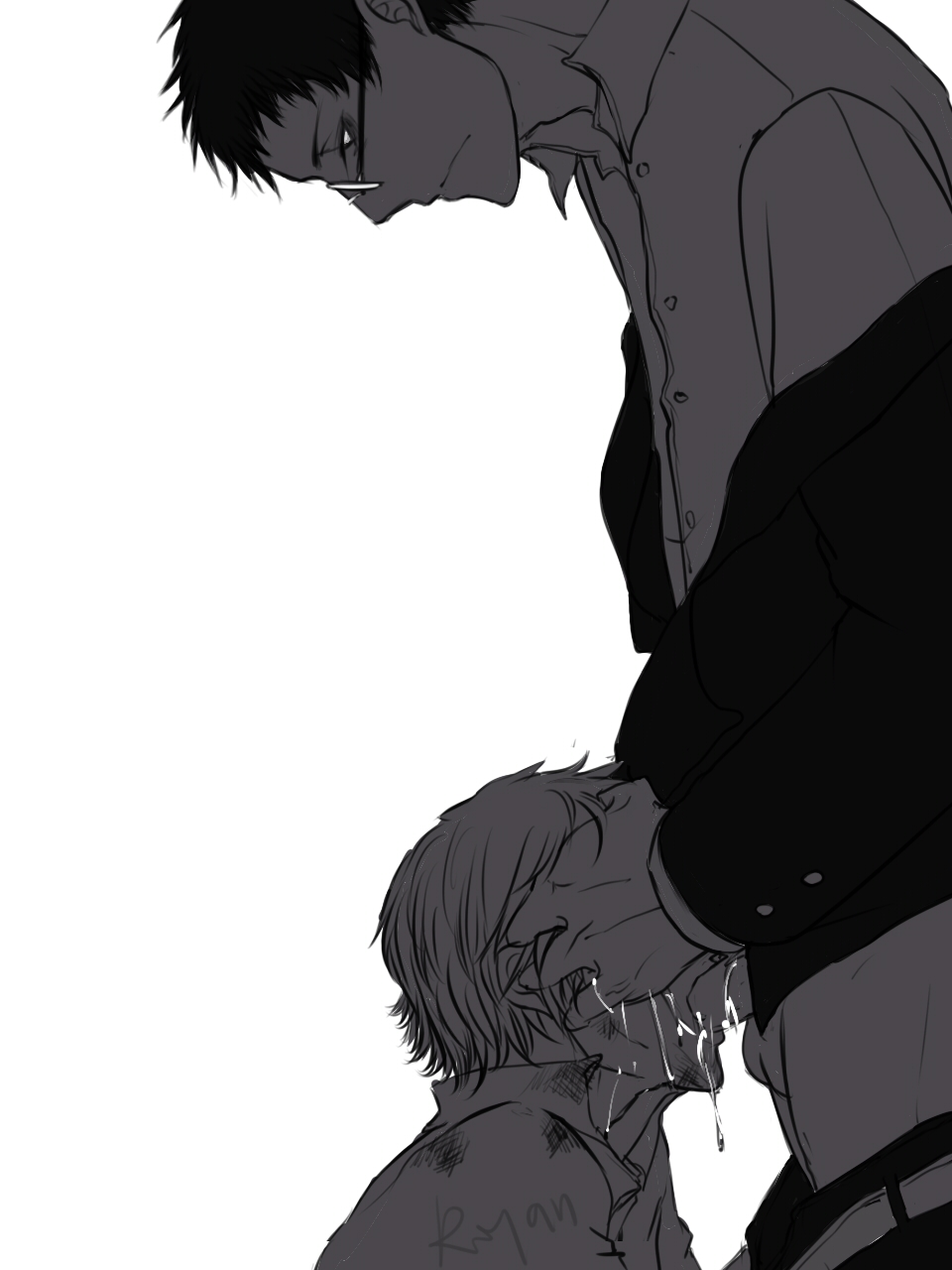 2boys, age difference, blowjob, dilf, father and child, father and son, fellatio, forced, forced oral, forced yaoi, gay, glasses, hasegawa utsutsu, head grab, male, male only, mature, mature male, monochrome, onijima shiro, oral, pants down, parent and child, parent and son, penis, pupa, rape, side view, son blowing dad, yaoi