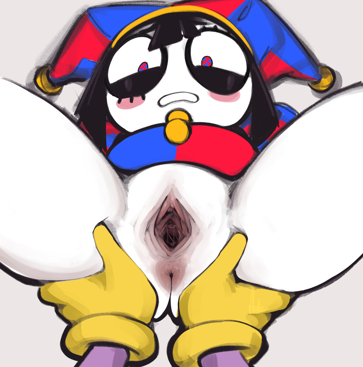 1boy, 1girls, 2023, 2d, 2d (artwork), 2d artwork, anus, ass, asshole, big ass, black hair, blush, dark anus, female, glitch productions, gloves, gooseworx, hatsumiilkshake, jax (the amazing digital circus), jester, jester cap, jester costume, jester girl, jester hat, jester outfit, male, pale skin, pomni (the amazing digital circus), pussy, short hair, spread legs, spread pussy, straight, the amazing digital circus, white body