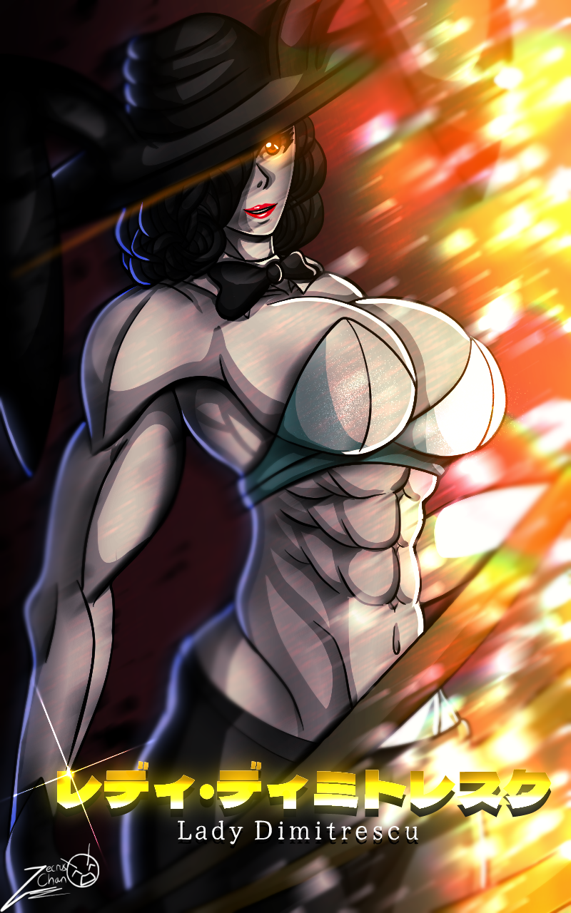 abs alcina_dimitrescu biceps black_hair breasts cleavage female hair hair_over_one_eye huge_breasts large_breasts long_hair muscular_arms resident_evil resident_evil_8:_village tall_female washboard_abs weapon zercus-chan