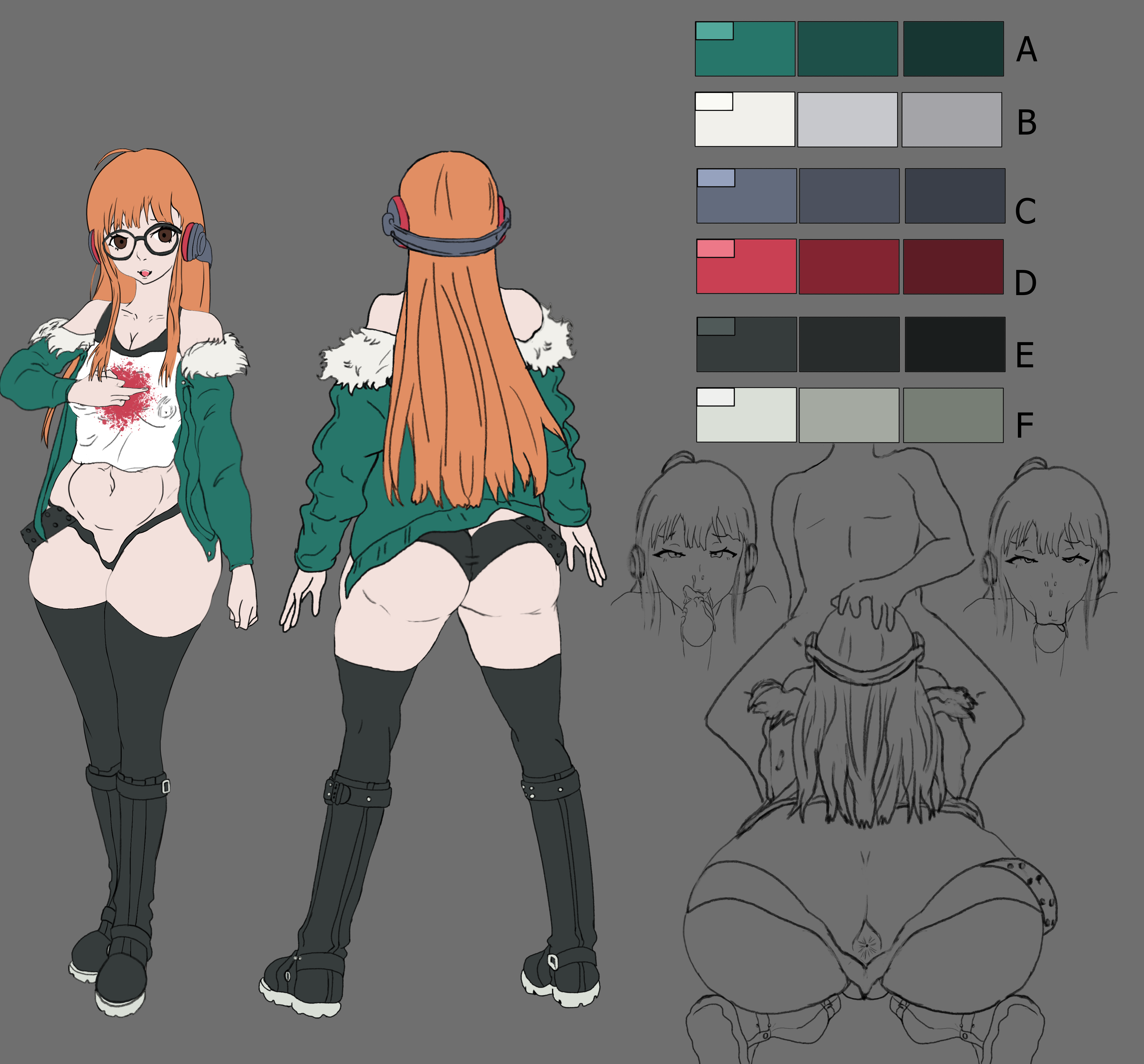 ass, ass hanging out, ass hanging out of shorts, atlus, big ass, big breasts, black boots, blowjob, boots, breasts, female, glasses, micro shorts, persona, persona 5, pose, sakura futaba, short shorts, shorts, skimpy, skimpy clothes, thick ass, thick thighs, wankofool