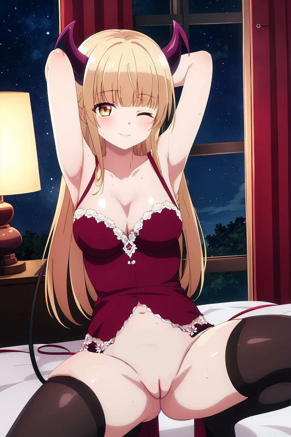 ai_generated blonde_hair bottomless cosplay halloween halloween_costume long_hair nekom14 otonari_no_tenshi-sama_ni_itsu_no_mani_ka_dame_ningen_ni_sarete_ita_ken pussy shiina_mahiru spread_legs thighhighs wink winking_at_viewer