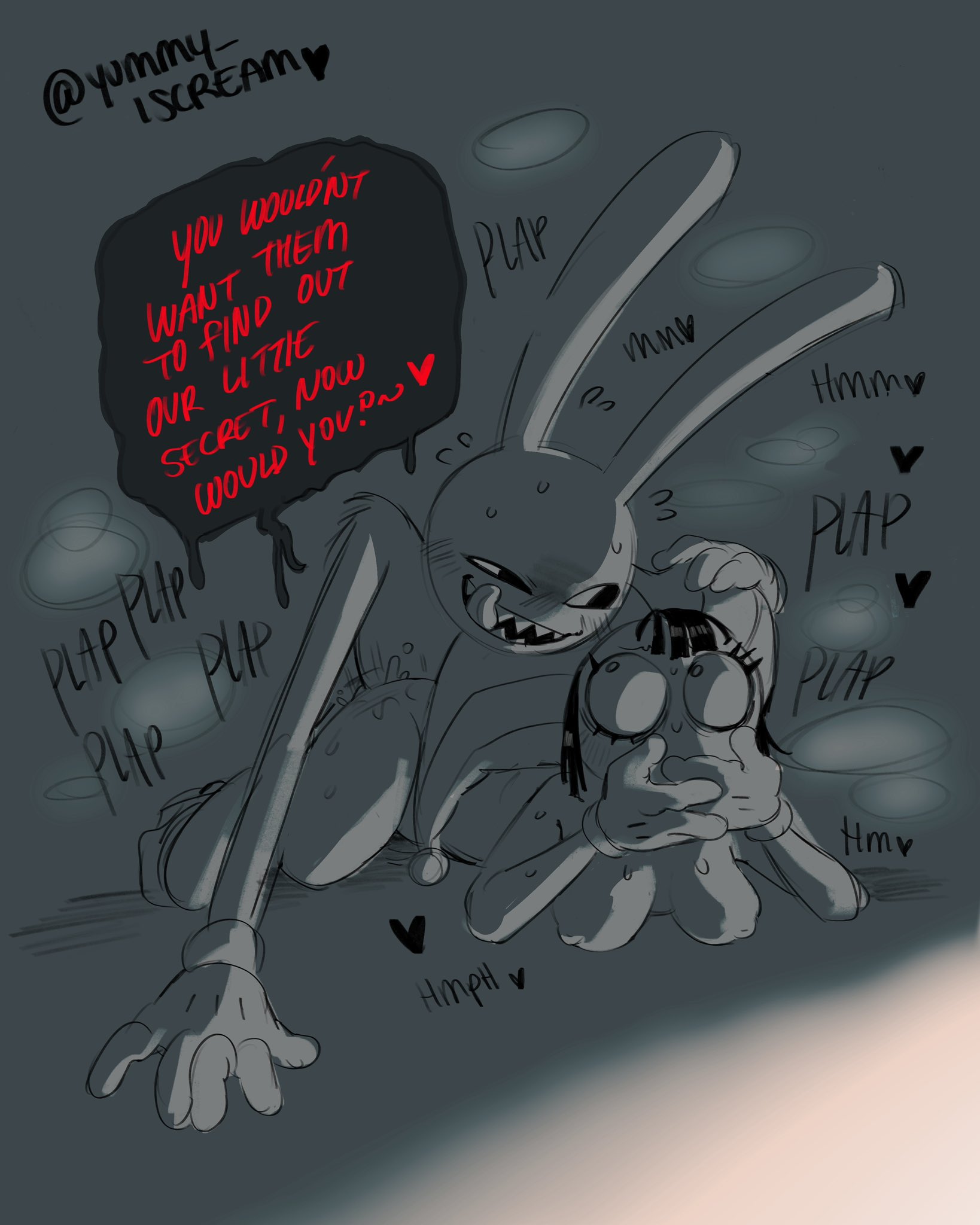 1boy, 1girls, 2023, 2d, 2d (artwork), 2d artwork, anthro, ass, big ass, big thighs, black and white, blush, breasts, bunny, bunny ears, covering mouth, dialogue, dialogue box, doggy style, female, glitch productions, gloves, gooseworx, heart, jax (the amazing digital circus), jester, jester cap, jester costume, jester girl, jester hat, jester outfit, licking lips, looking at each other, looking at partner, male, malicious smile, medium breasts, moan, moaning, nipples, penetration, pomni, pomni (the amazing digital circus), secret sex, short hair, smiling, straight, sweat, sweatdrop, sweating, the amazing digital circus, thick thighs, tongue, tongue out, yummyiscream