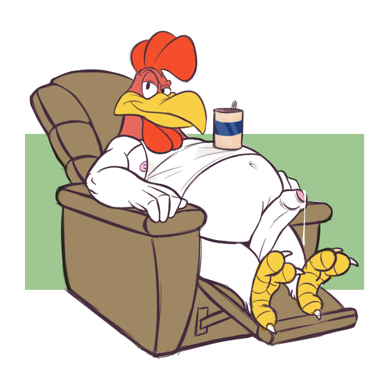 anthro avian belly big_belly big_penis bird bodily_fluids bottomless can chair chicken clothed clothing container feet foghorn_leghorn furniture galliform gallus_(genus) genital_fluids genitals looking_at_viewer looney_tunes male navel overweight penis phasianid precum recliner reclining shirt smile smirk solo talons tank_top tenderule34 toes topwear warner_brothers