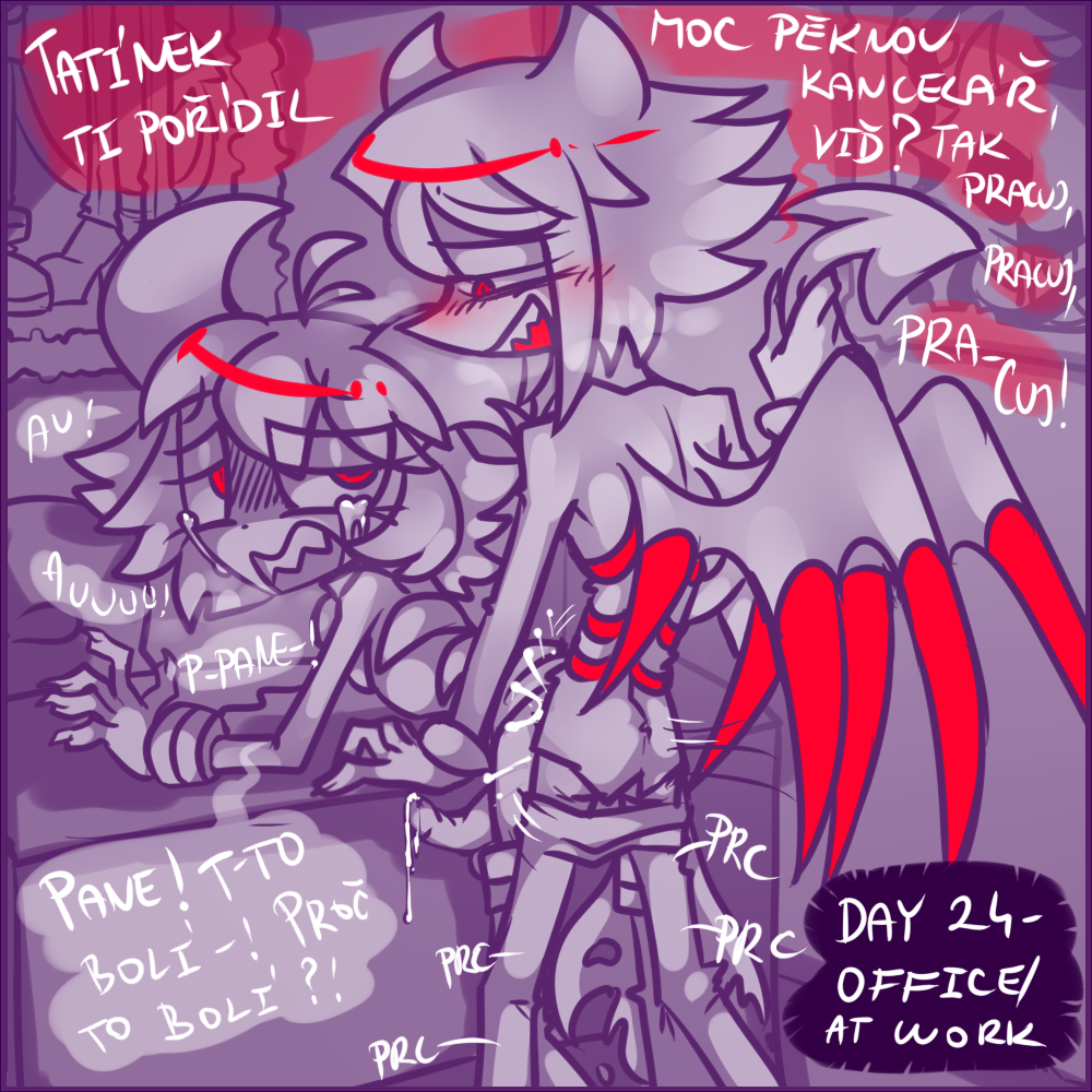 anal anal_sex at_work crying crying_with_eyes_open cum cum_drip cum_in_ass czech_text demon_horns demon_tail dragon_wings english_text erect_penis erection giratina houndoom humanoid kinktober kinktober_2023 office page_24 painting picture_frame pokemon purple_background red_eyes rough tears violent