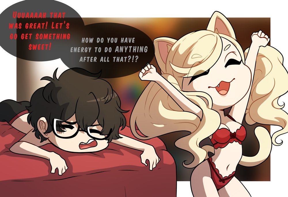 1boy, 1girls, after sex, akira kurusu, ann takamaki, atlus, black hair, blonde hair, bow, bow bra, bow panties, bra, cat girl, catgirl, english text, female, glasses, kinkymation, open mouth, panties, persona, persona 5, persona 5 royal, red bra, red panties, ren amamiya, text, twintails