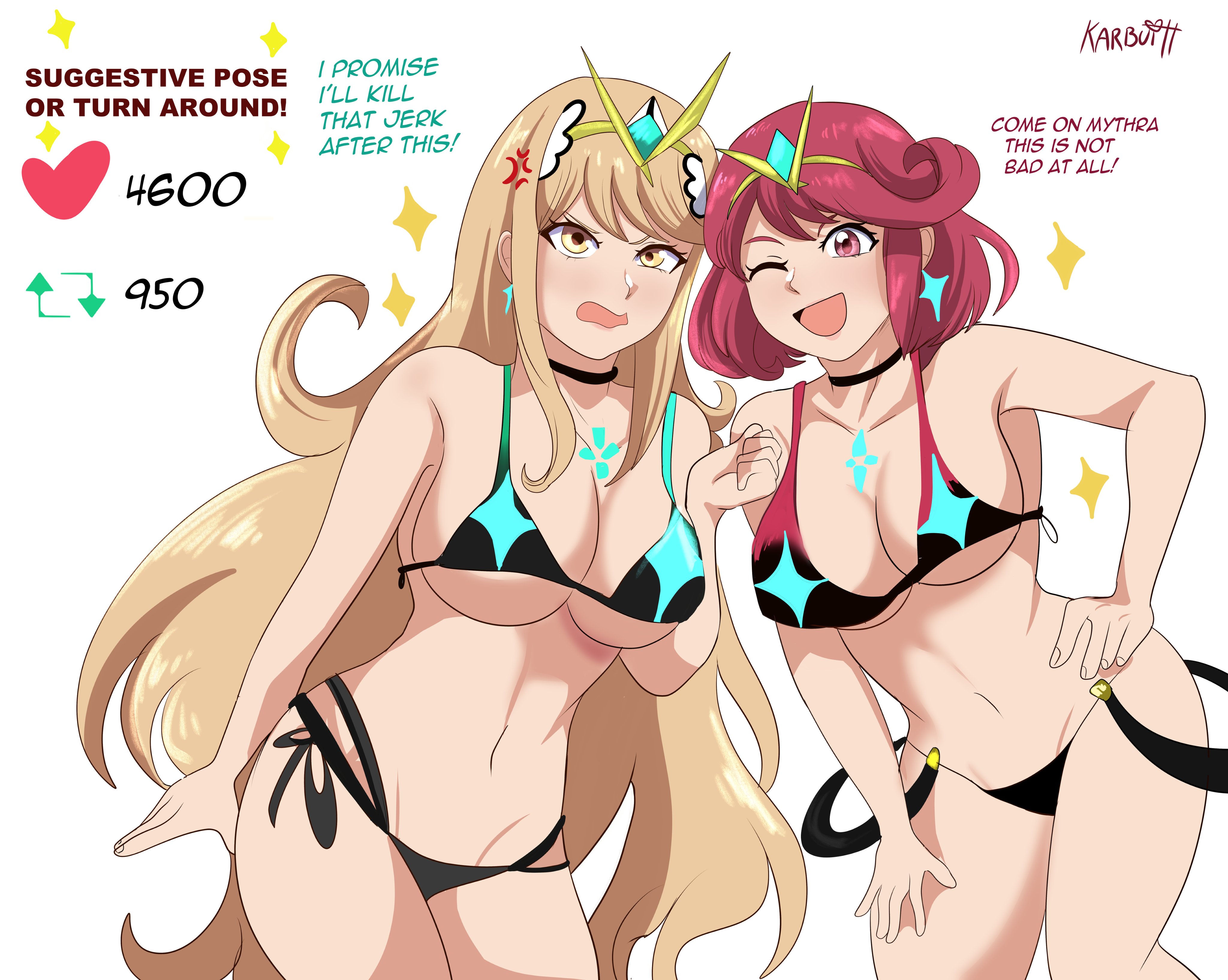 2girls, bikini, blonde hair, breasts, core crystal, dialogue, embarrassed, english text, female, gold eyes, hi res, hips, huge breasts, karbuitt, long hair, mythra, nintendo, pyra, red eyes, red hair, short hair, smile, strip game, thick thighs, thighs, twitter strip game, wide hips, wink, xenoblade (series), xenoblade chronicles 2