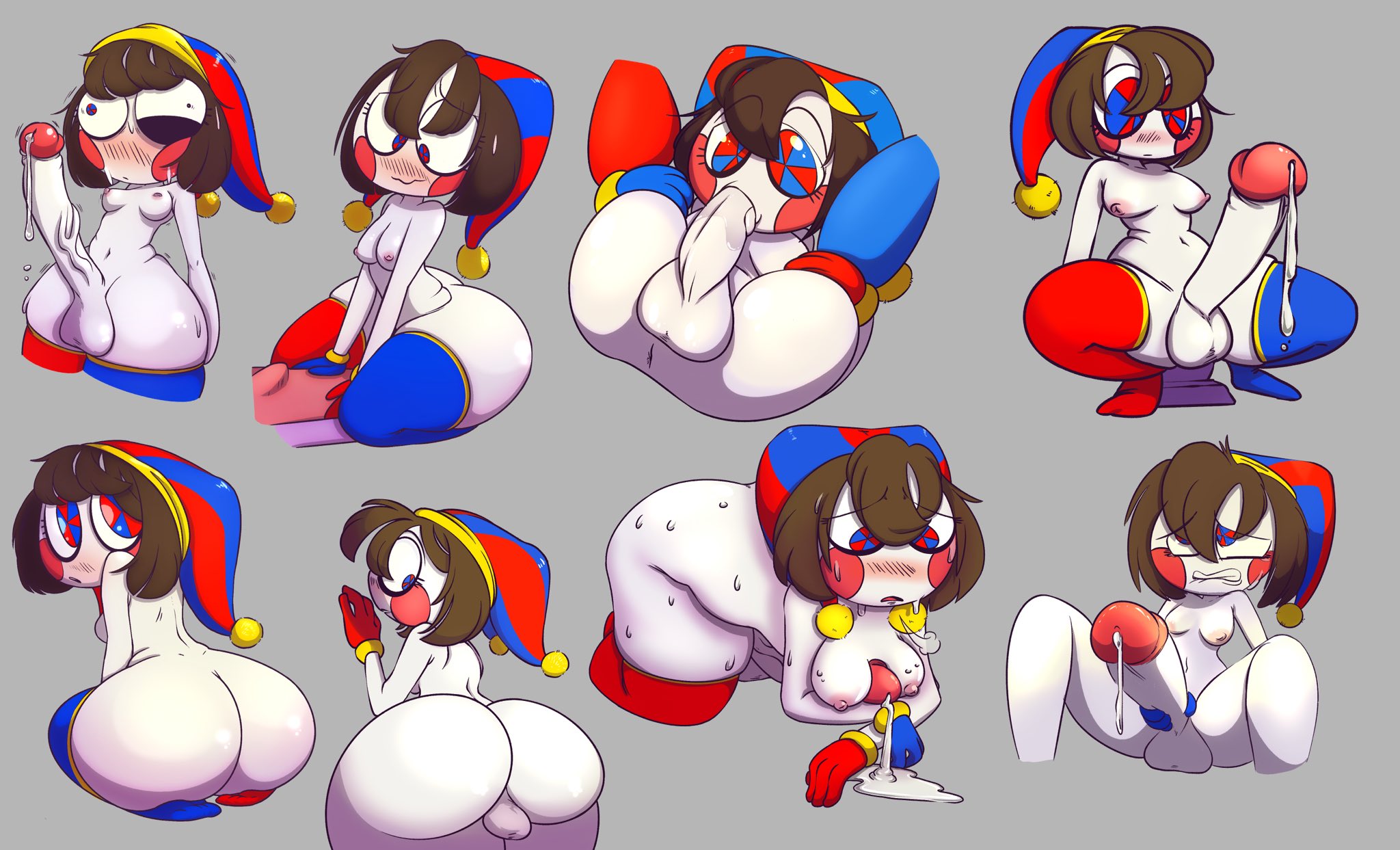 1futa, 2023, 2d, 2d (artwork), 2d artwork, areolae, ass, autofellatio, autopaizuri, balls, big ass, big eyes, big penis, big thighs, biting lip, blush, bottom heavy, breasts, brown hair, cum, cumshot, erection, fellatio, female, futa only, futanari, glitch productions, gloves, gooseworx, huge cock, huge hips, humanoid, humanoid penis, intersex, jax (the amazing digital circus), jester, jester cap, jester costume, jester girl, jester hat, jester outfit, masturbation, mostly nude, nipples, nude, nude futa, oral, penis, pomni, pomni (the amazing digital circus), short hair, small breasts, small but hung, solo, staggbeetl, sweat, sweatdrop, sweating, the amazing digital circus, thick thighs, veiny penis, white body, white penis