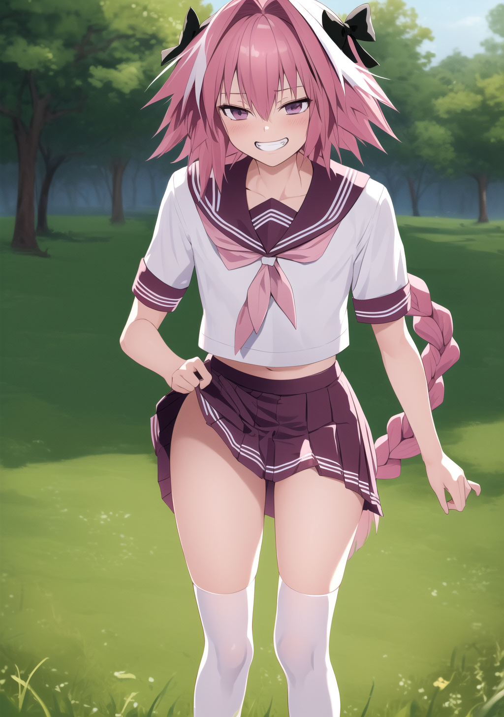 ai_generated astolfo_(fate) fate_(series) femboy flisin grin pink_hair skirt thighhighs