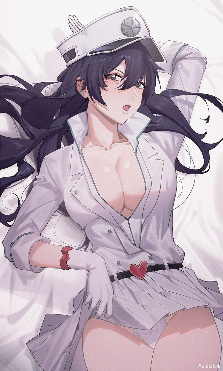 bambietta_basterbine bed_sheet belt black_belt black_hair bleach bleach:_the_thousand-year_blood_war breasts brown_eyes chilakkk cleavage clothes_lift collarbone female gloves hair_between_eyes half-closed_eyes hat heart_belt highres jacket large_breasts lifted_by_self long_hair long_sleeves looking_at_viewer lying military_hat military_jacket miniskirt on_back open_mouth panties partially_unbuttoned partially_unzipped peaked_cap pleated_skirt quincy skirt skirt_lift solo sternritter twitter_username underwear wandenreich_uniform white_gloves white_headwear white_jacket white_panties white_skirt