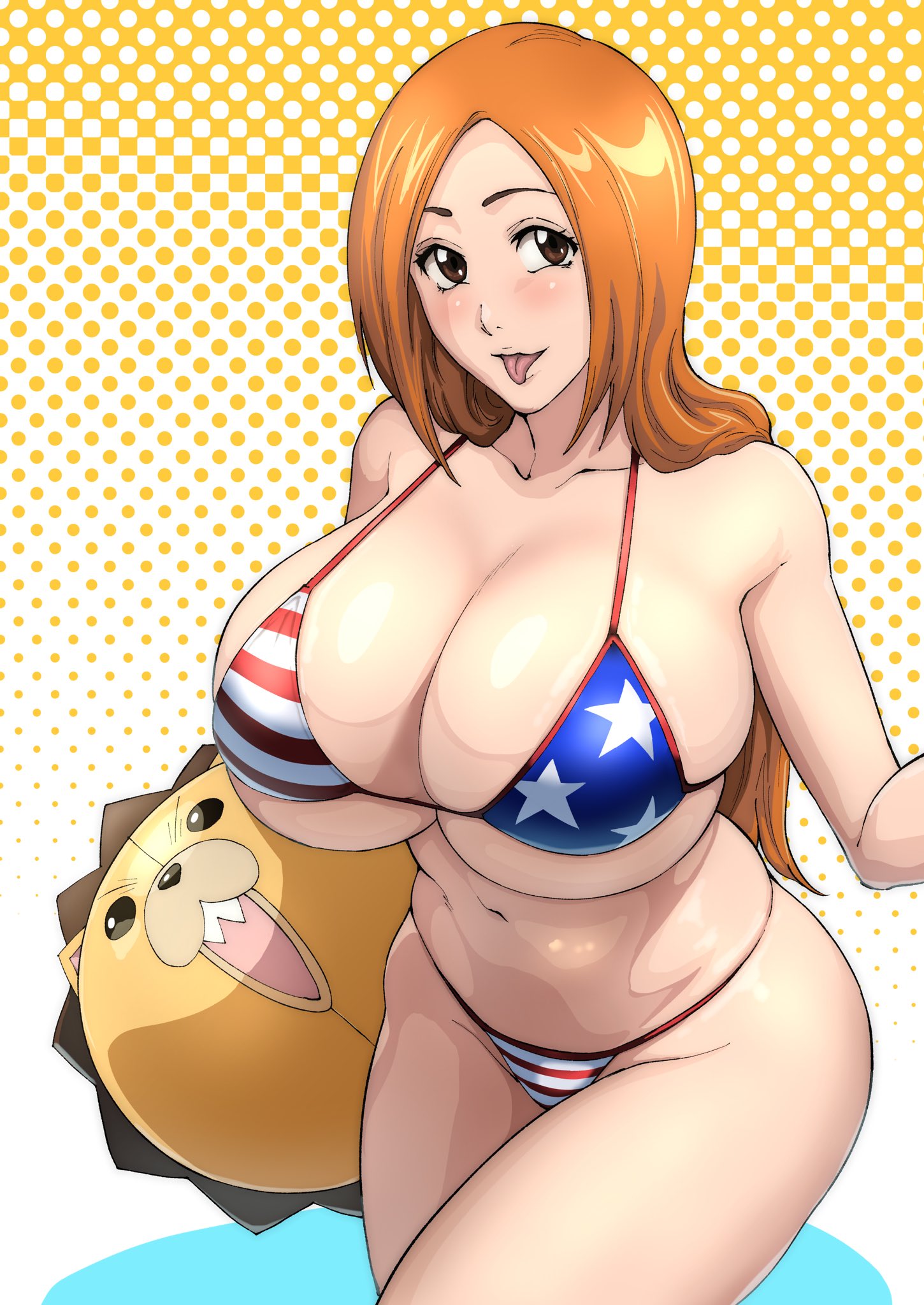 1girls american_flag_bikini bikini bleach breasts cleavage female huge_breasts inoue_orihime iwao178 kon kon_(bleach) large_breasts long_hair orange_hair red_head solo thick_thighs