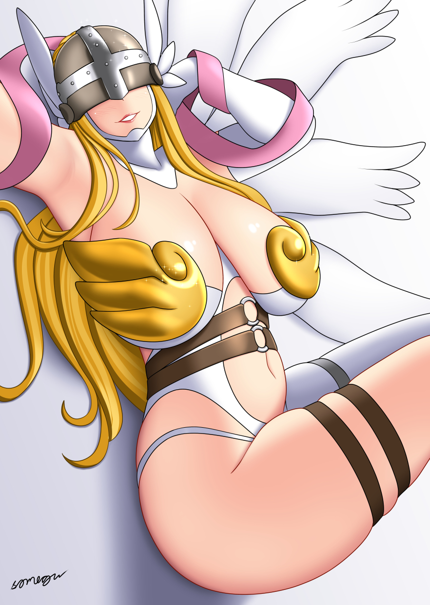 angewomon armpits blonde_hair breasts digimon digimon_(species) light-skinned_female light_skin looking_at_viewer somegu thighs