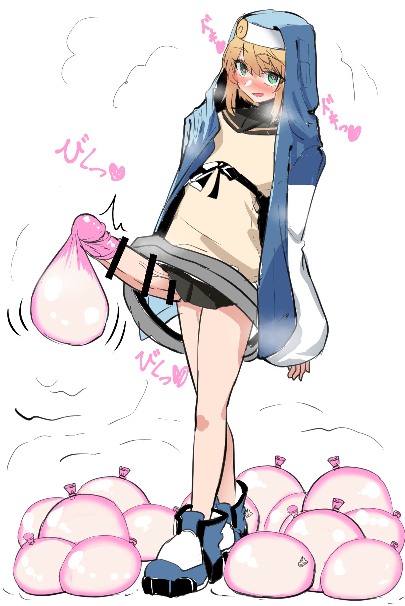 1boy, androgyne symbol, androgynous, big penis, blush, bridget, condom, condom balloon, condom on penis, crossdressing, excessive cum, femboy, feminine male, filled condom, girly, guilty gear, male, male focus, male only, otoko no ko, penis, skirt lift, solo