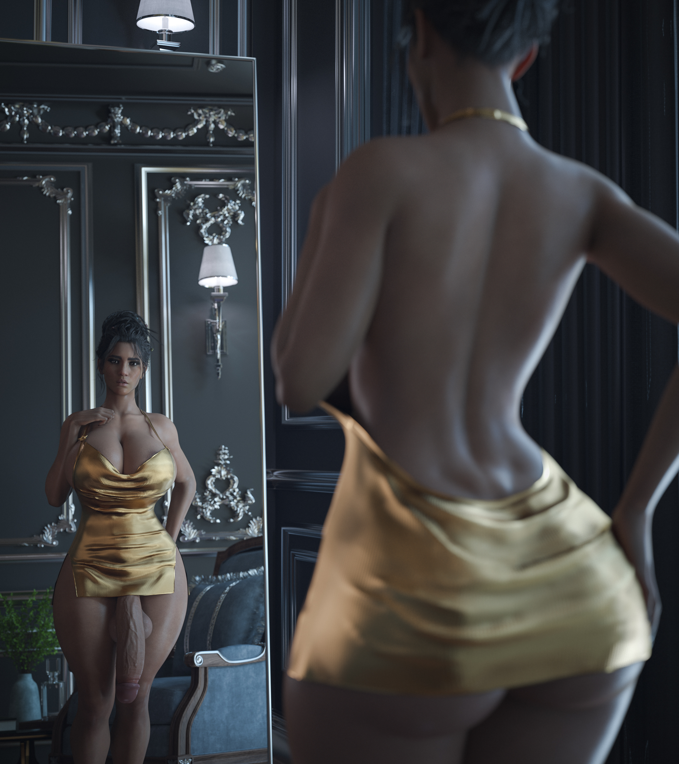 1futa, 3d, ass, breasts, casual nudity, cleavage, clothing, cyberpunk 2077, dress, futa only, futanari, hand on ass, hand on butt, highres, hourglass figure, huge cock, indoors, ineffective clothing, intersex, large breasts, looking at viewer, mirror, mostly nude, panam palmer, penis, penis out, solo, standing, stevencarson, thick thighs, thighs, wide hips