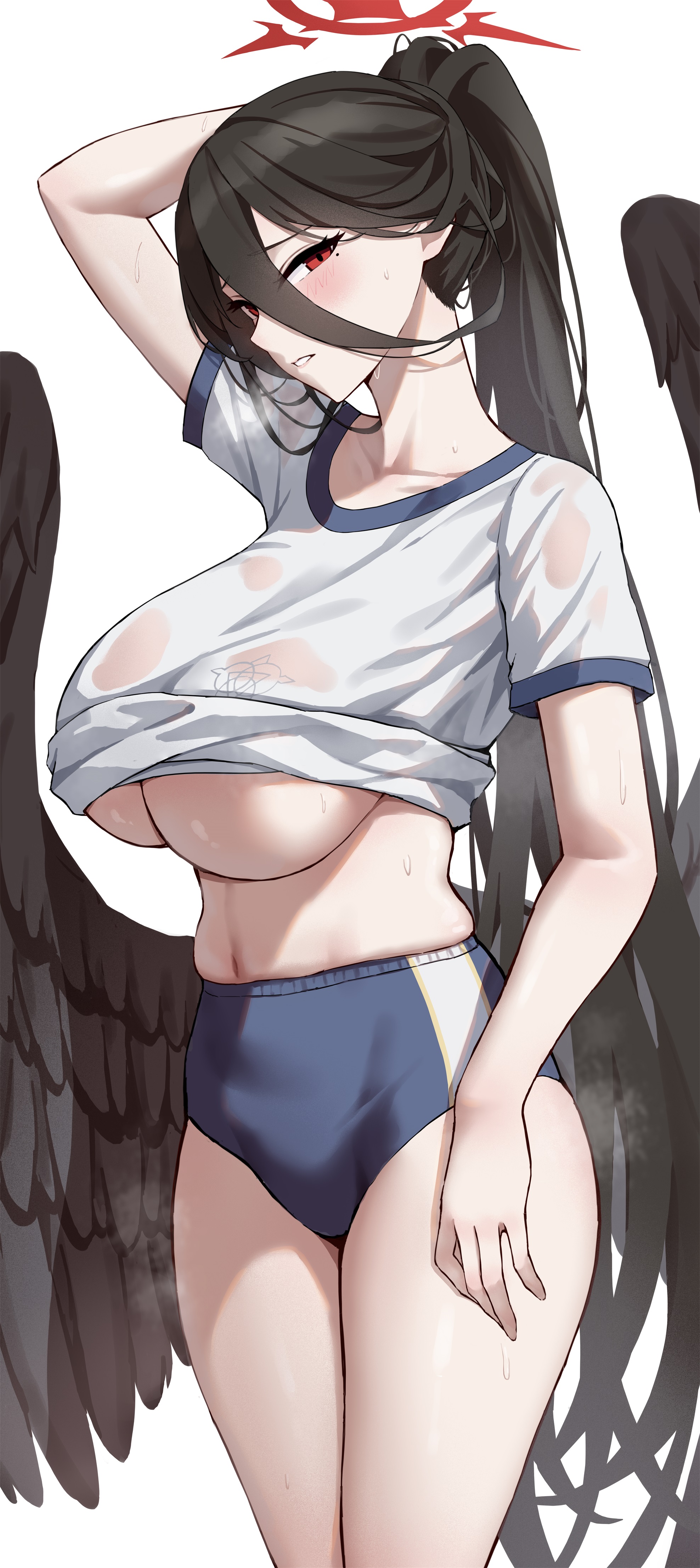 1girls, black hair, black wings, blue archive, blue buruma, breasts, feathered wings, female, gym uniform, hair between eyes, halo, hasumi (blue archive), justice task force (blue archive), large breasts, long hair, low wings, mole, mole under eye, ponytail, red eyes, see-through, see-through clothing, short sleeves, sweat, trinity general school student, white background, white shirt, yukiaka