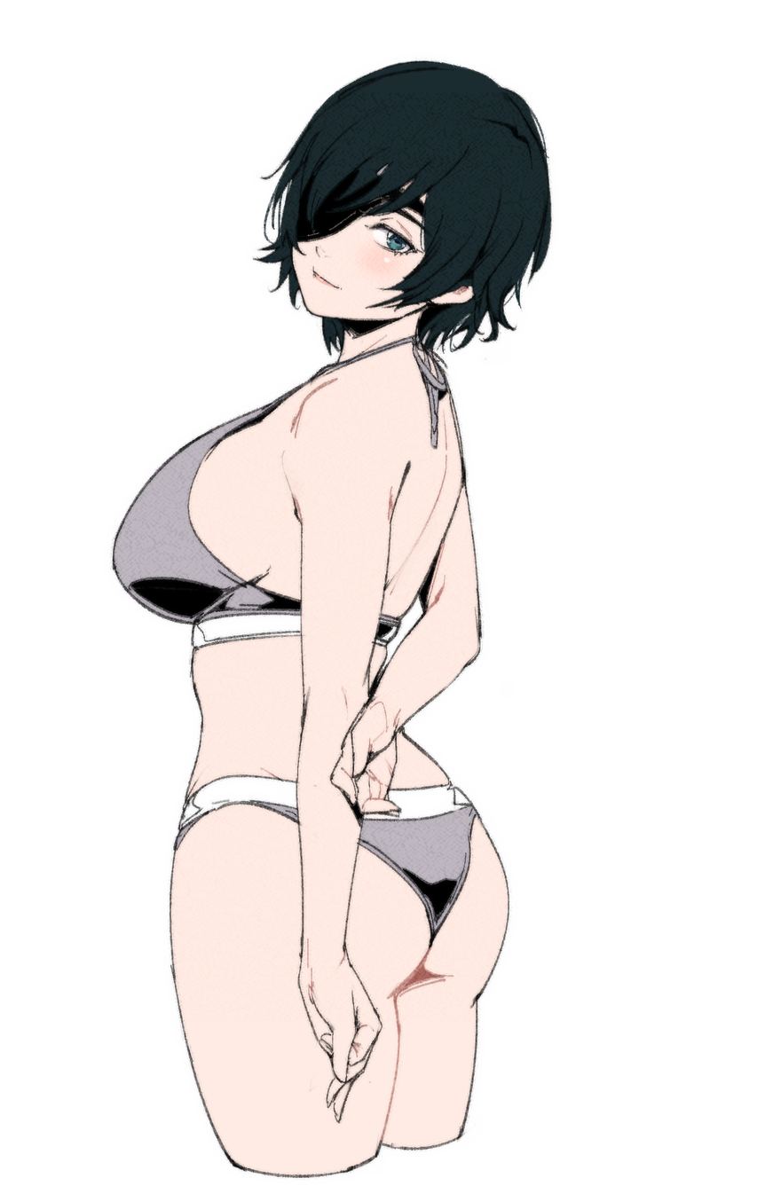 1girls, 2d, ass, big ass, big breasts, breasts, chainsaw man, female, female only, green hair, green-haired female, himeno (chainsaw man), light skin, light-skinned female, looking at viewer, looking back, mappa, pale skin, pale-skinned female, relaxjon, sideboob, simple background, solid color background, solo, underwear, voluptuous