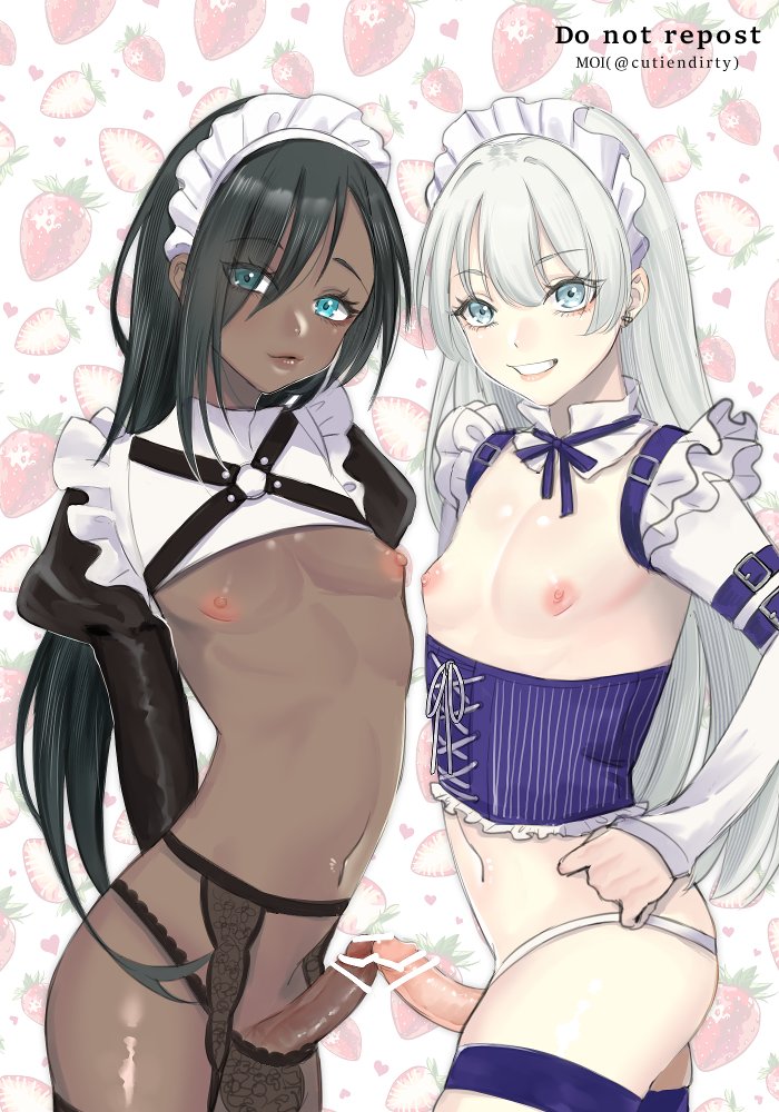 2boys aqua_eyes arched_back arms_behind_back artist_name bar_censor blush censored corset cowboy_shot crossdressing cutiendirty dark-skinned_femboy dark-skinned_male dark_skin duo earrings erection femboy frilled_sleeves frills girly grey_eyes hair_between_eyes hair_over_one_eye hand_on_own_hip jewelry juliet_sleeves lace large_areolae light-skinned_femboy light-skinned_male light_skin lips long_hair long_sleeves looking_at_viewer maid_headdress male male_focus male_only multiple_boys navel nipples original otoko_no_ko penis penises_touching puffy_chest puffy_sleeves shrug_(clothing) smile stud_earrings thighhighs thighs trap twitter_username very_long_hair yaoi