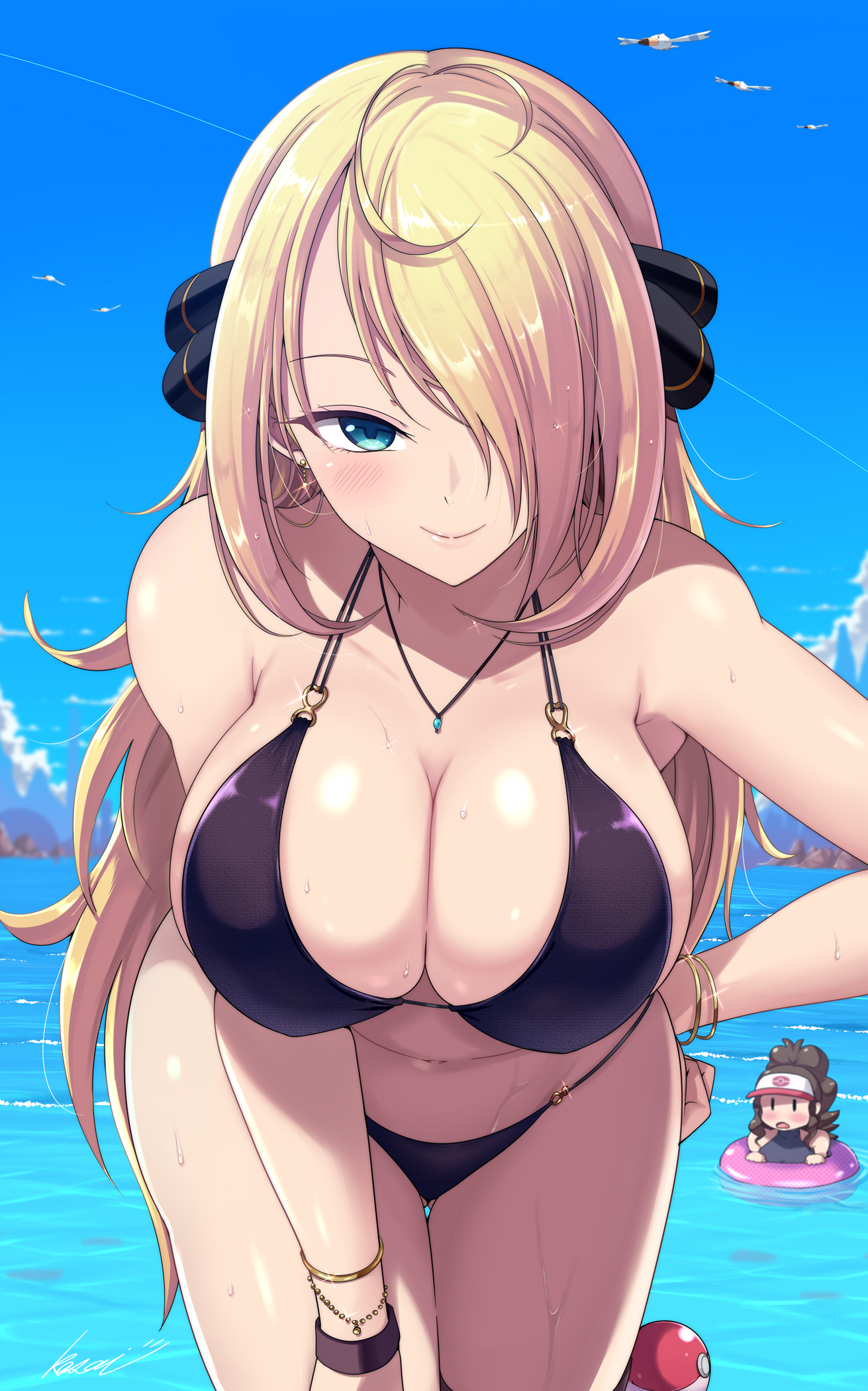 2girls, alternate eye color, big breasts, bikini, blonde hair, blue eyes, breasts, busty, cleavage, confident, cynthia (pokemon), female, hair over one eye, hand on hip, hand on leg, hand on own leg, hand on own thigh, hand on thigh, hilda (pokemon), kasai shin, leaning forward, light skin, light-skinned female, long hair, mature female, pokemon, pokemon bw, pokemon dppt, pose, posing, seductive, seductive smile, sensual, smile