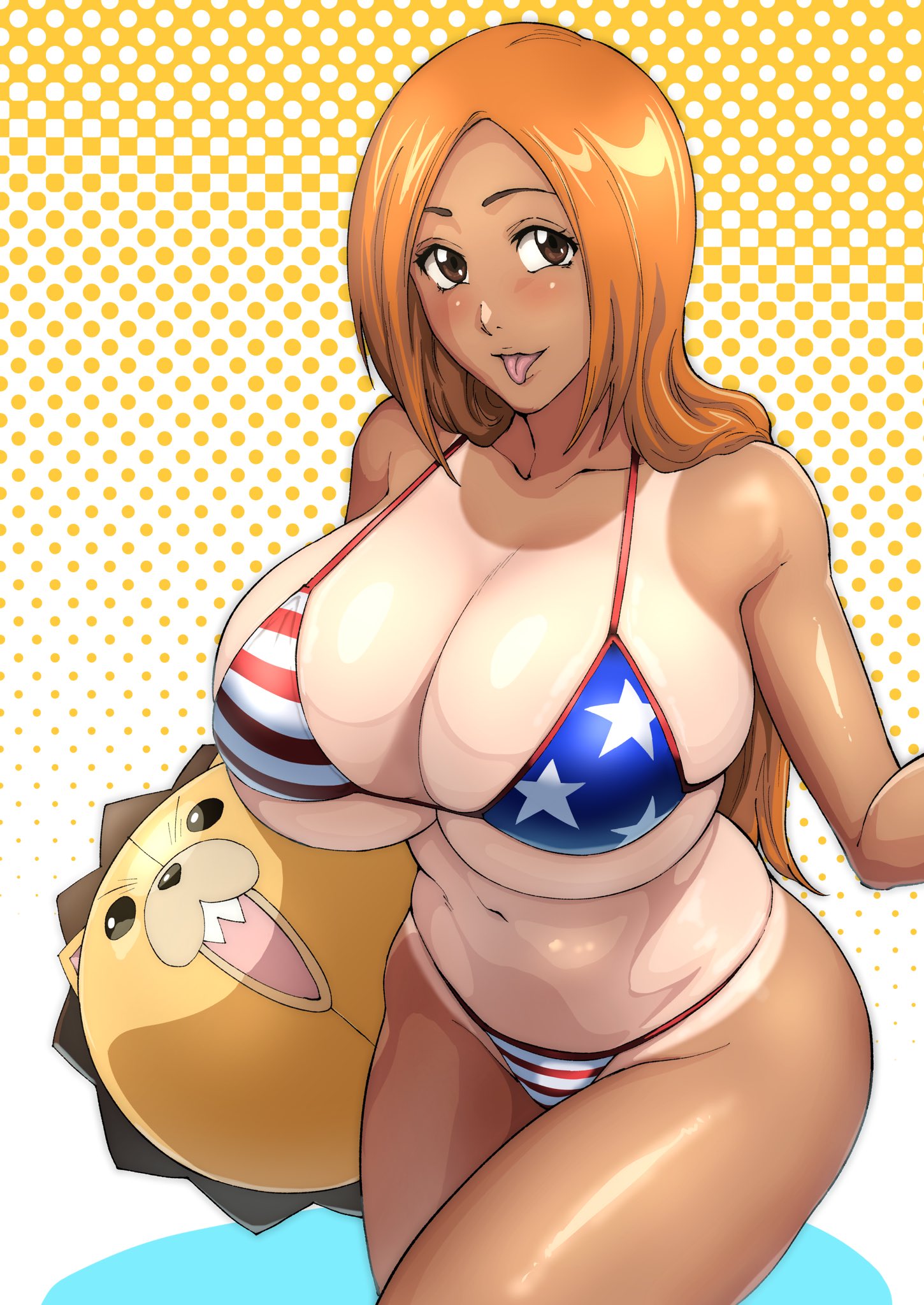 1girls american_flag_bikini bikini bleach breasts cleavage female huge_breasts inoue_orihime iwao178 kon kon_(bleach) large_breasts long_hair orange_hair red_head solo tan tan-skinned_female tanline tanlines tanned_skin thick_thighs