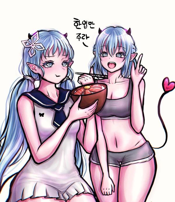 2girls bikini crocell_chima crocell_kerori eating mairimashita!_iruma-kun school_uniform schoolgirl sisters text welcome_to_demon_school!_iruma-kun