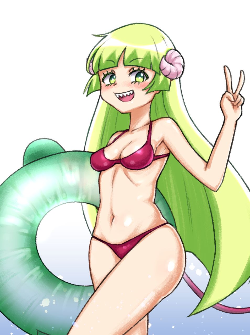 bangs belly bikini bikini_bottom bikini_top blonde blonde_female blonde_hair blunt_bangs blush blushing clara_valac demon_girl green_hair horns long_hair looking_at_viewer mairimashita!_iruma-kun navel open_mouth open_smile red_bikini sharp_teeth smiling smiling_at_viewer solo solo_female solo_focus standing straight_hair swimwear v v_sign valac_clara welcome_to_demon_school!_iruma-kun