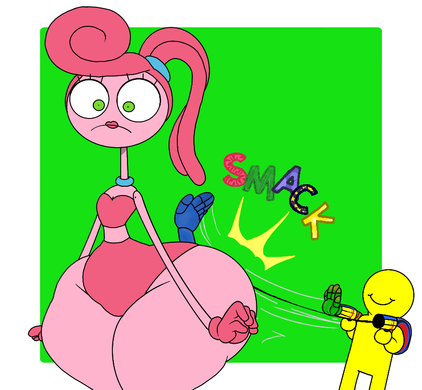 anthro ass_slap big_ass butt_slap color_edit devonjiggly_(coloring) flat_chest green_eyes huge_ass milf mommy_long_legs pink_hair pink_skin player poppy_playtime protagonist_(poppy_playtime) smile spaghettiz spanking surprised_expression thick_thighs thin_waist wide_hips