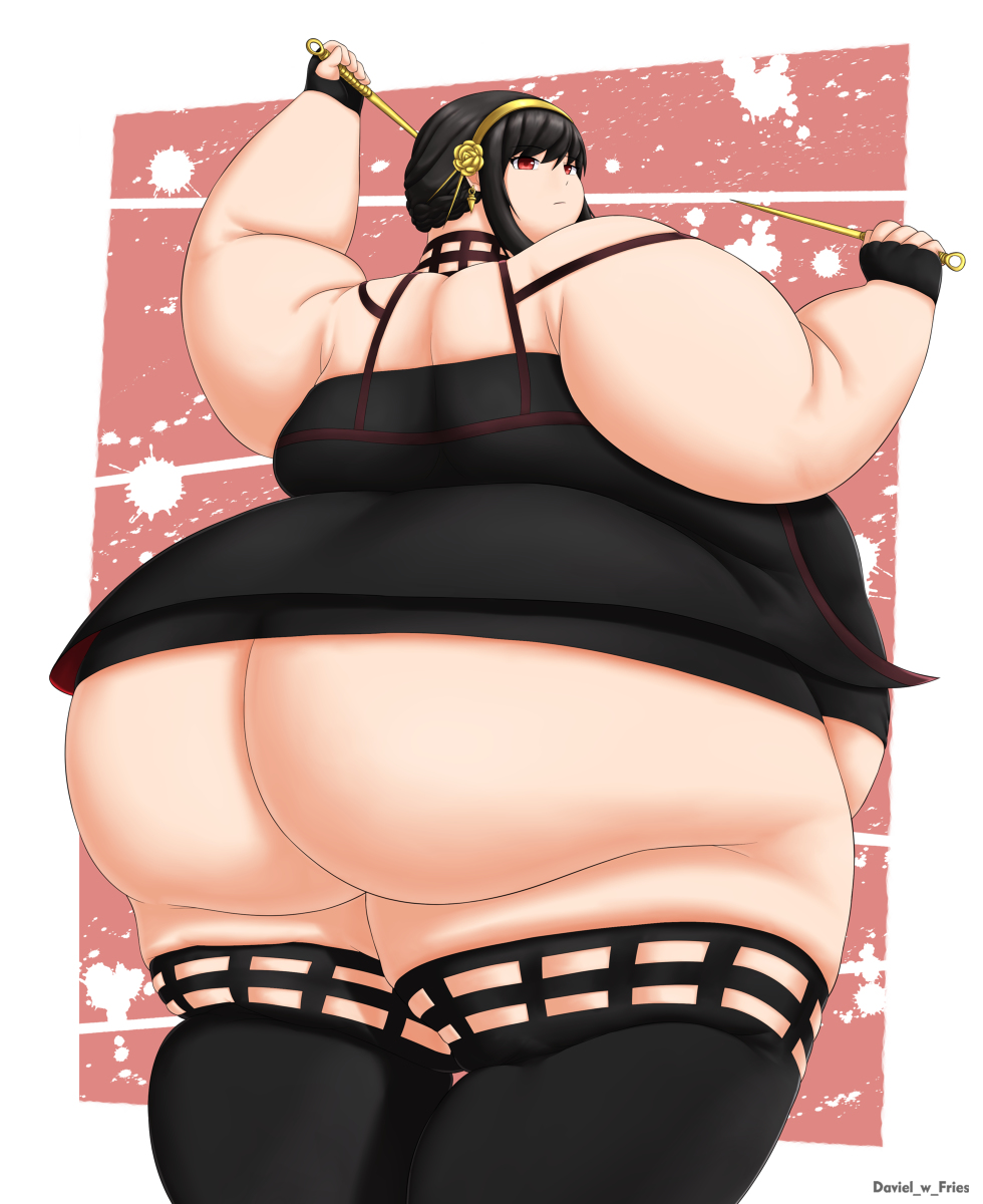 1girls 2022 alternate_version_available ass bbw belly black_hair curvaceous curvy davielwfries expressionless fat female female_focus hi_res high_resolution highres hips huge_ass long_hair looking_at_viewer looking_back mature_female milf overweight plump red_eyes solo solo_female solo_focus spy_x_family thick_thighs thighhighs thighs voluptuous weapon wide_hips yor_briar