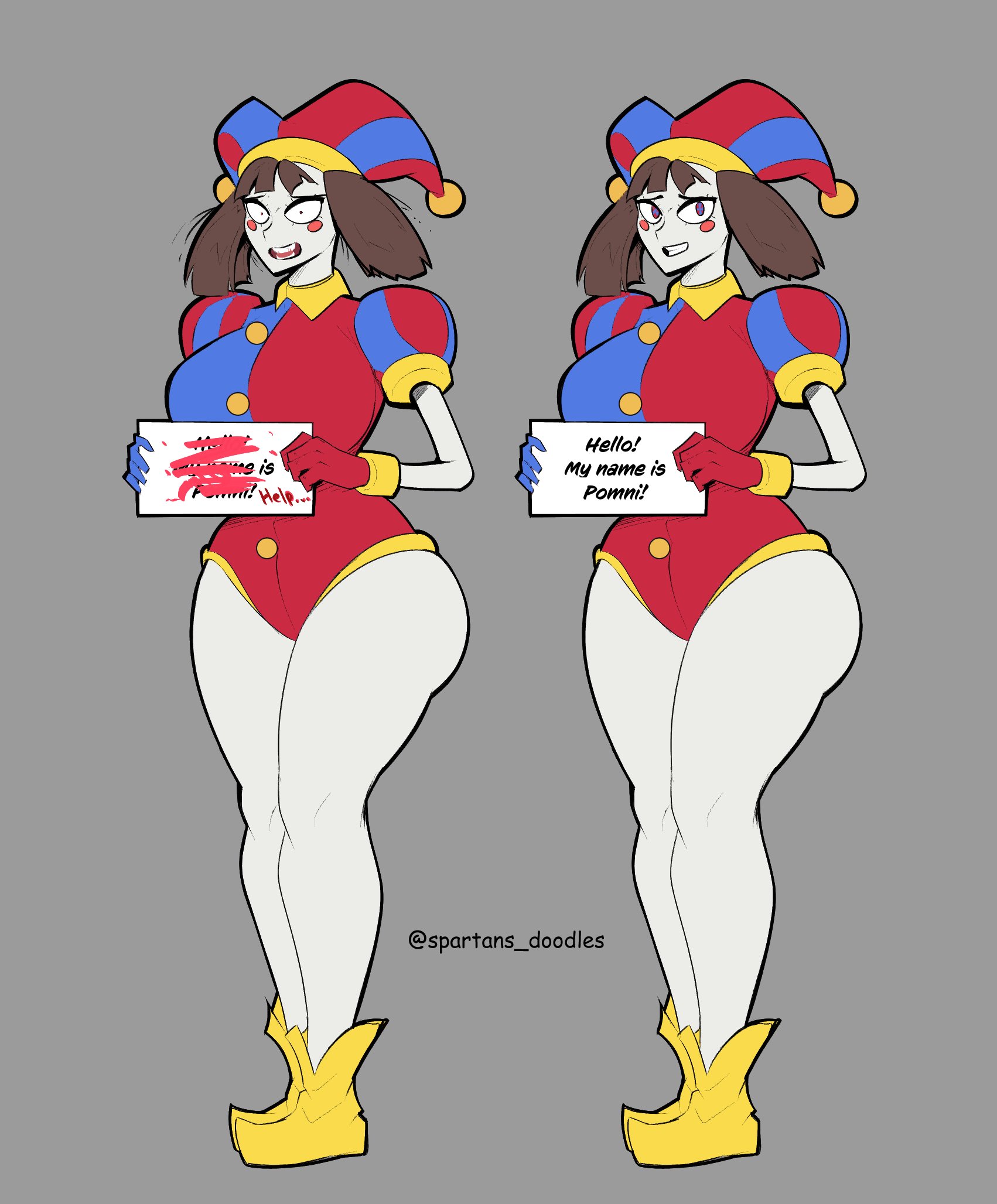 1girls, 2023, 2d, 2d (artwork), 2d artwork, ass, big breasts, big thighs, breasts, brown hair, clothing, english text, female, glitch productions, gloves, gooseworx, hat, hips, holding object, huge ass, jester, jester cap, jester costume, jester girl, jester hat, jester outfit, large ass, large breasts, looking at viewer, pomni, pomni (the amazing digital circus), short hair, simple background, spartandoodles, text, the amazing digital circus, thick thighs, thighs, white body, wide hips