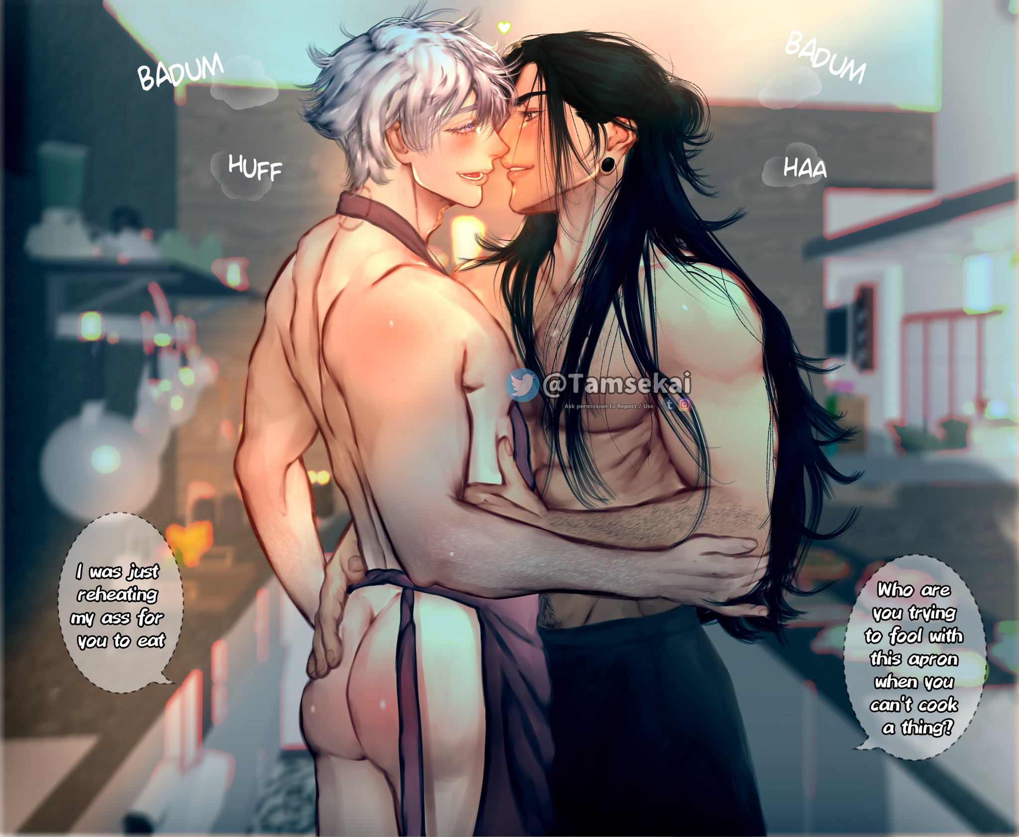 2boys, ass, ass grab, black hair, censored nipples, color, earings, english text, jujutsu kaisen, long hair, looking at partner, male, male/male, muscular, no visible genitalia, nude, satoru gojo, suguru geto, watermark, white hair, yaoi