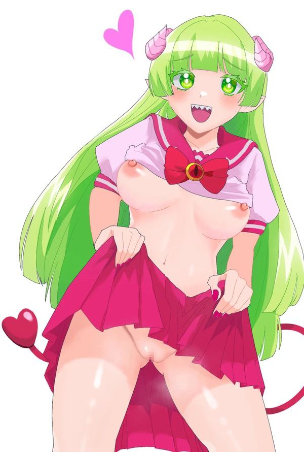 breasts clara_valac demon_girl green_hair mairimashita!_iruma-kun pussy school_uniform schoolgirl shirt_lift skirt_lift valac_clara welcome_to_demon_school!_iruma-kun