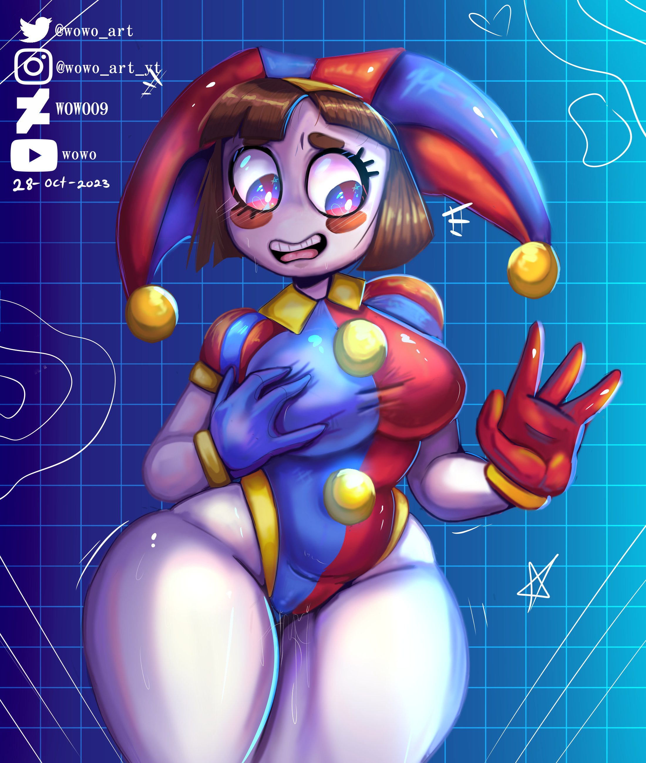 1girls, 2023, 2d, 2d (artwork), 2d artwork, artist request, big breasts, big thighs, breasts, brown hair, female, female only, glitch productions, gloves, gooseworx, grabbing own breast, huge thighs, jester, jester cap, jester costume, jester girl, jester hat, jester outfit, looking down, nervous, pomni, pomni (the amazing digital circus), pussy, pussy juice, pussy juice drip, short hair, solo, solo female, sweat, sweatdrop, sweating, the amazing digital circus, thick thighs, wet pussy, white body