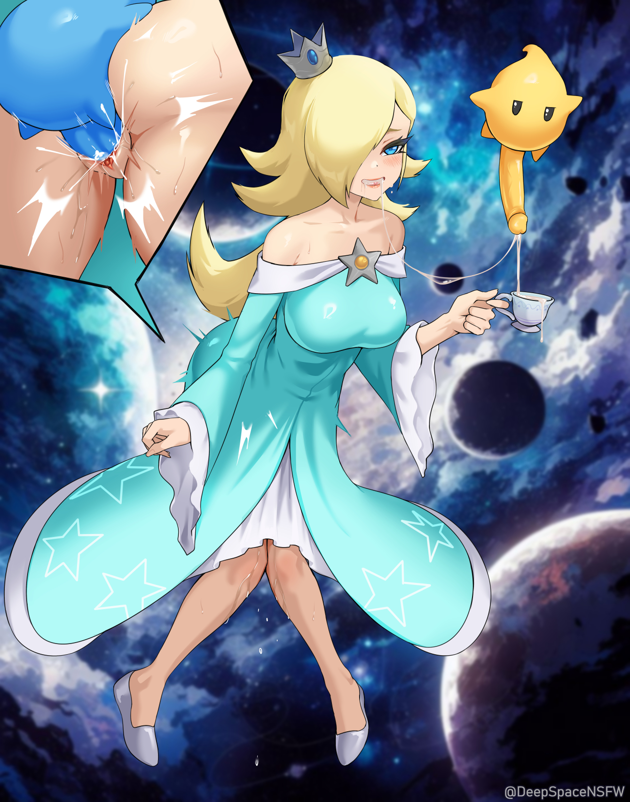 1girls, blonde hair, cum in cup, cum in mouth, deepspace, drinking cum, dripping pussy, female, hidden, hiding, luma, male, mario (series), princess rosalina, pussy, size difference, small but hung, smaller male, smile, smiling at viewer, super mario galaxy, under clothes, under skirt, vaginal penetration, wet, wet pussy