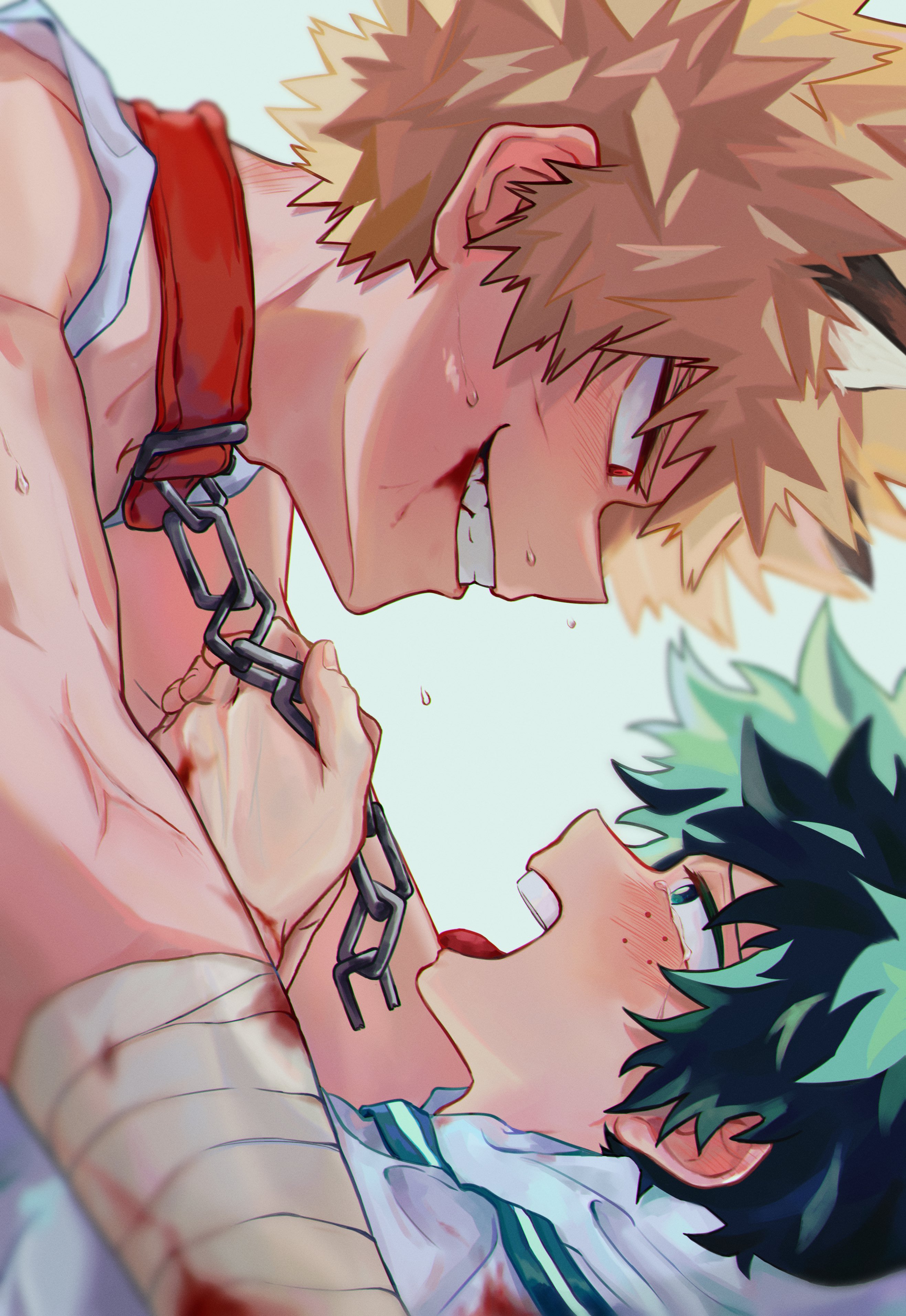 2boys, bakugou katsuki, bandage, bandaged arm, chain leash, chains, clenched teeth, collar, face-to-face, freckles, gay, green eyes, green hair, halloween, implied sex, izuku midoriya, katsuki bakugou, leash and collar, looking at partner, male, male focus, male only, male/male, maledom, my hero academia, open mouth, red eyes, smirk, smirking, smug grin, spiky hair, wolf boy, wolf ears, yaoi