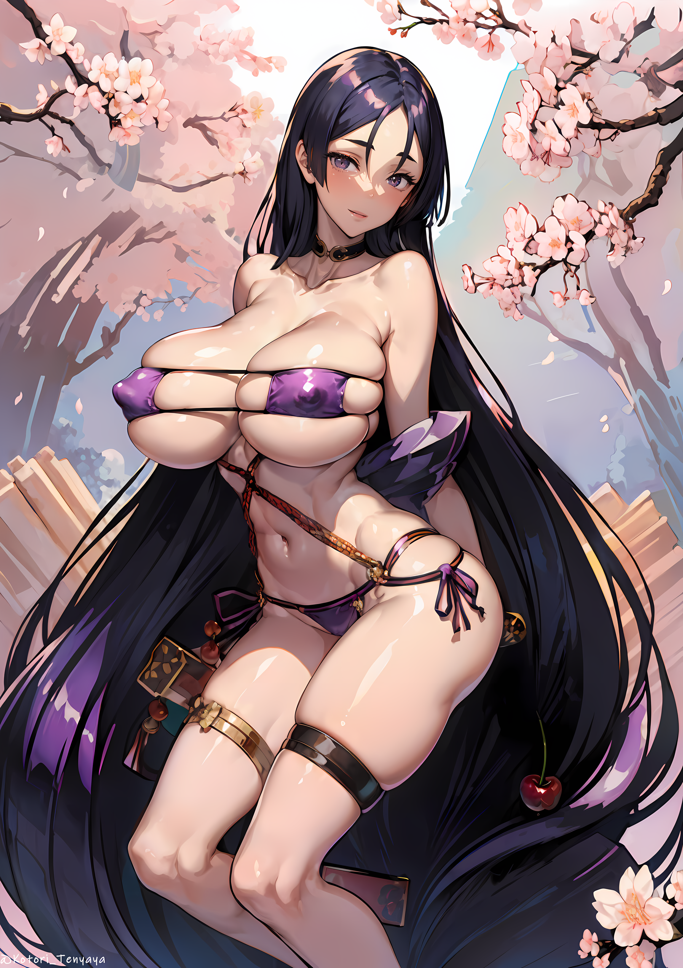 1girls, ai generated, bikini, breasts, eyepatch bikini, fate (series), fate/grand order, female, hi res, large breasts, light skin, light-skinned female, long hair, mature female, milf, minamoto no raikou (fate/grand order), minamoto no raikou (swimsuit lancer), naughty face, purple bikini, purple eyes, purple hair, stable diffusion, thick thighs