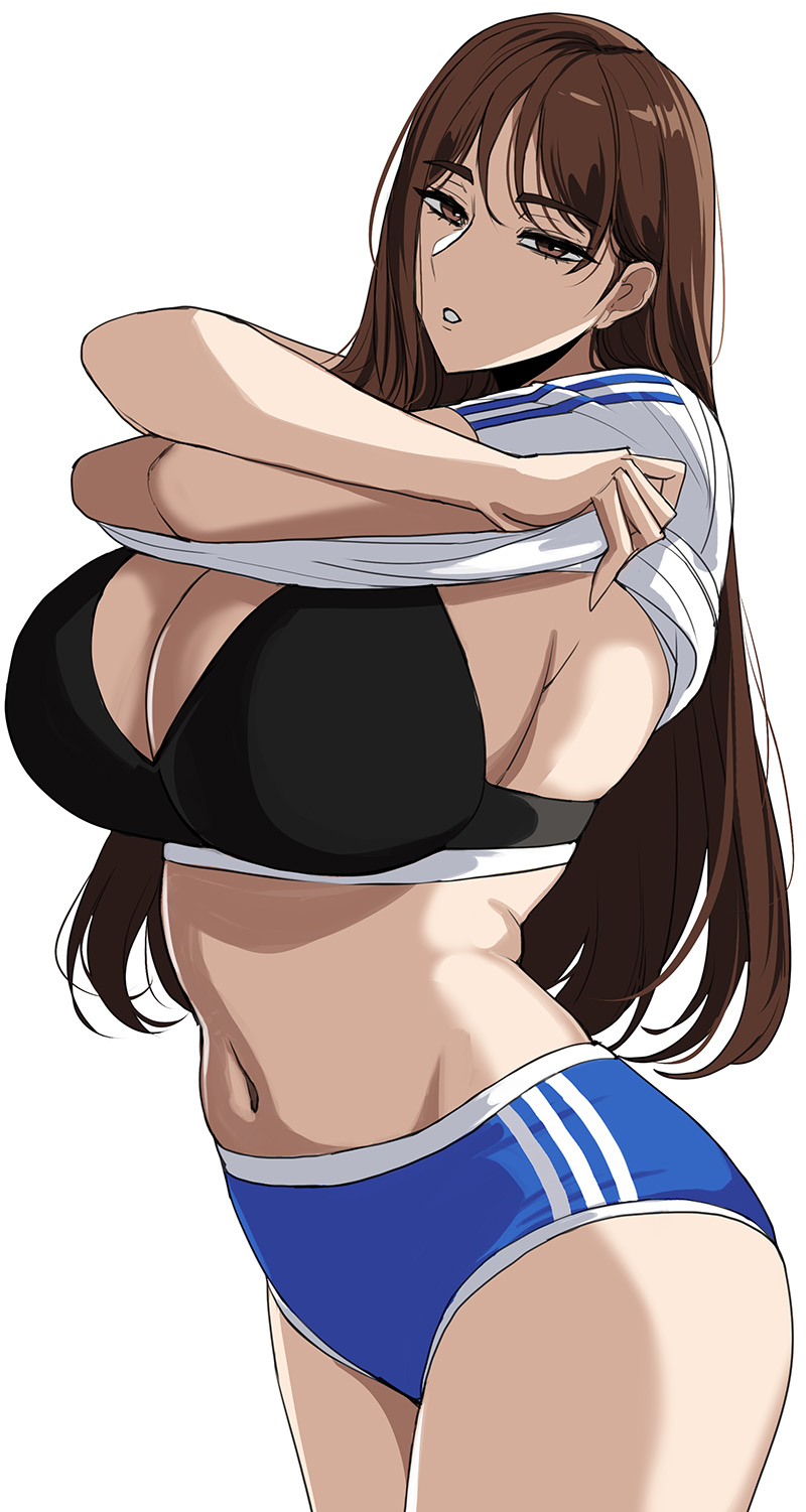 1girls, bloomers, breasts, brown eyes, brown hair, buruma, drogod (artist), female, gym uniform, higher resolution available, huge breasts, light skin, light-skinned female, long hair, mature female, milf, original, original character, sportswear, thick thighs, wide hips