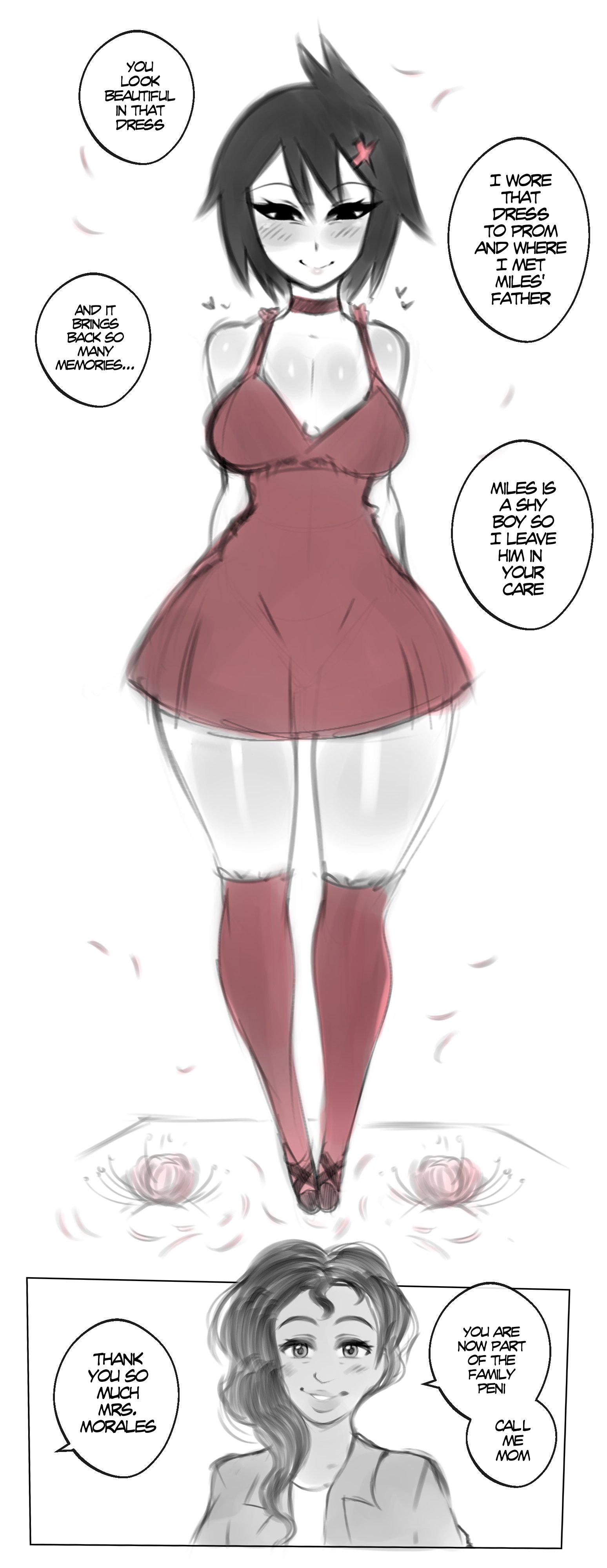 2girls, aged up, asian, asian female, black hair, blush, breasts, collar, dialogue, dress, english text, female, female only, hips, human, japanese, latina, marvel, marvel comics, multiple females, multiple girls, name drop, pale skin, peni parker, peni parker (earth-14512), rio morales, rio morales (spider-verse), saltyxodium, short hair, spider-man (series), spider-man: across the spider-verse, spider-man: into the spider-verse, text, thick thighs, thighs, wide hips, yandere