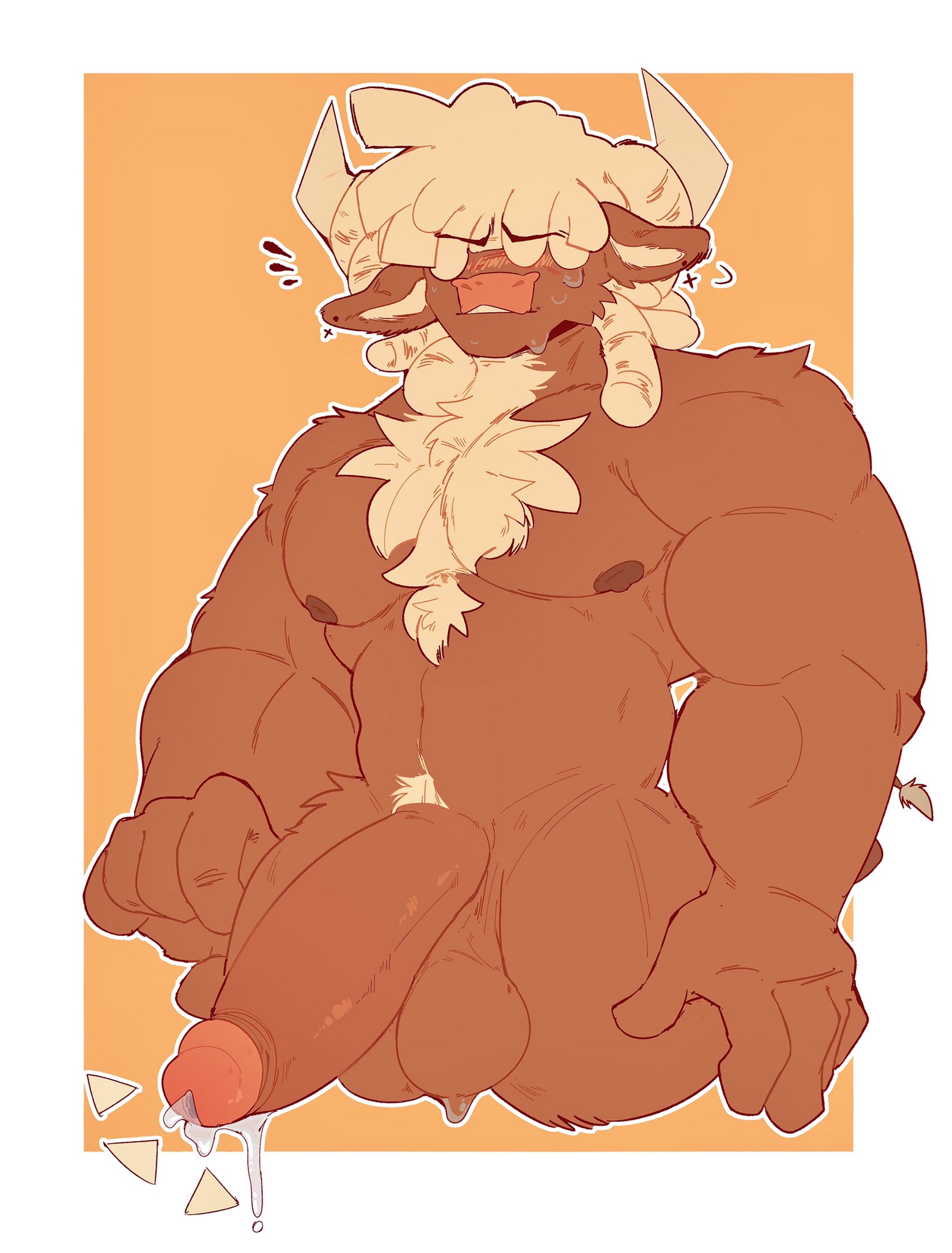 abs, akachionmain, alternate version available, boner, buff, bull, erection, eyes covered, gay, hair, horns, large penis, male, male only, nipples, nude, pecs, penis, solo, solo male, sweat, sweating