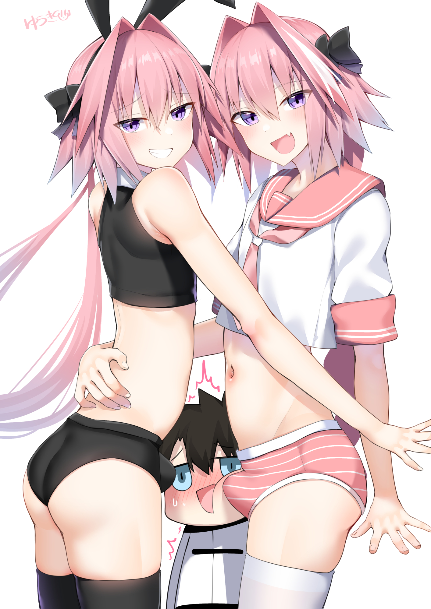 3boys, astolfo (fate), bulge, bulge through clothing, crossdressing, dual persona, fate (series), femboy, gay, kitajima yuuki, male, malesub, selfcest, tagme, yaoi